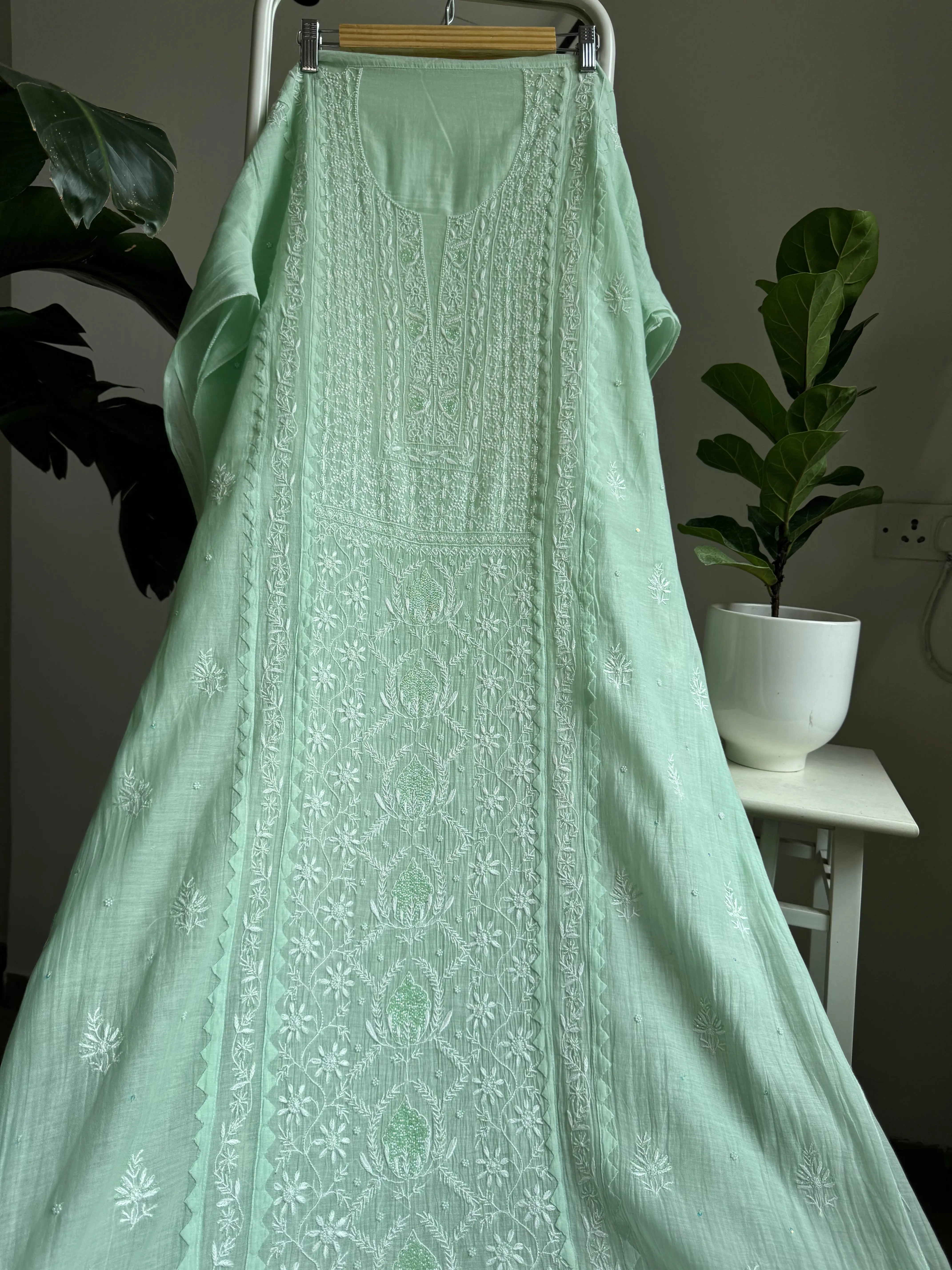 Mul Chanderi Straight Tunic - Green ARIAA CHIKANKARI 