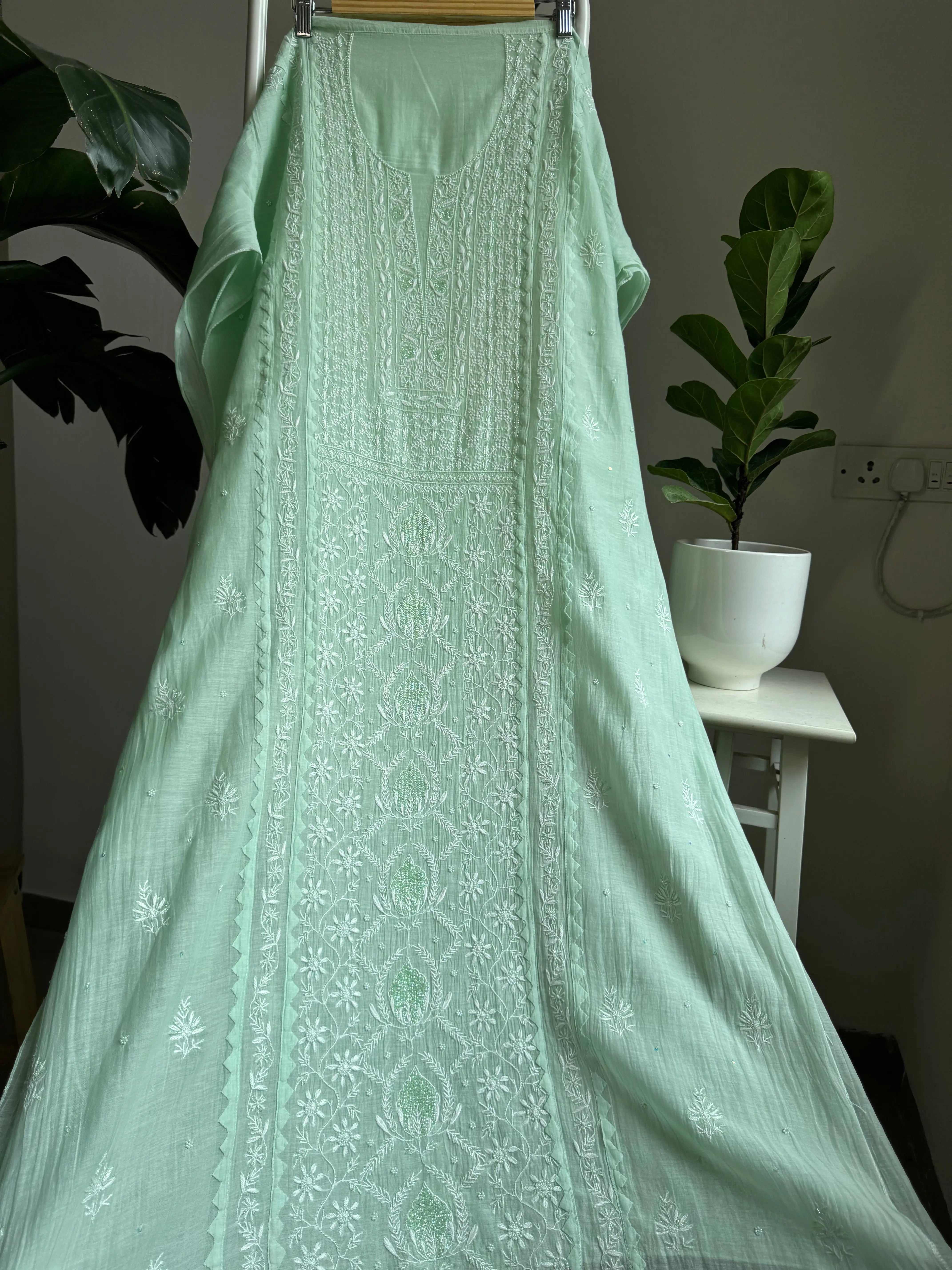 Mul Chanderi Straight Tunic - Green ARIAA CHIKANKARI 