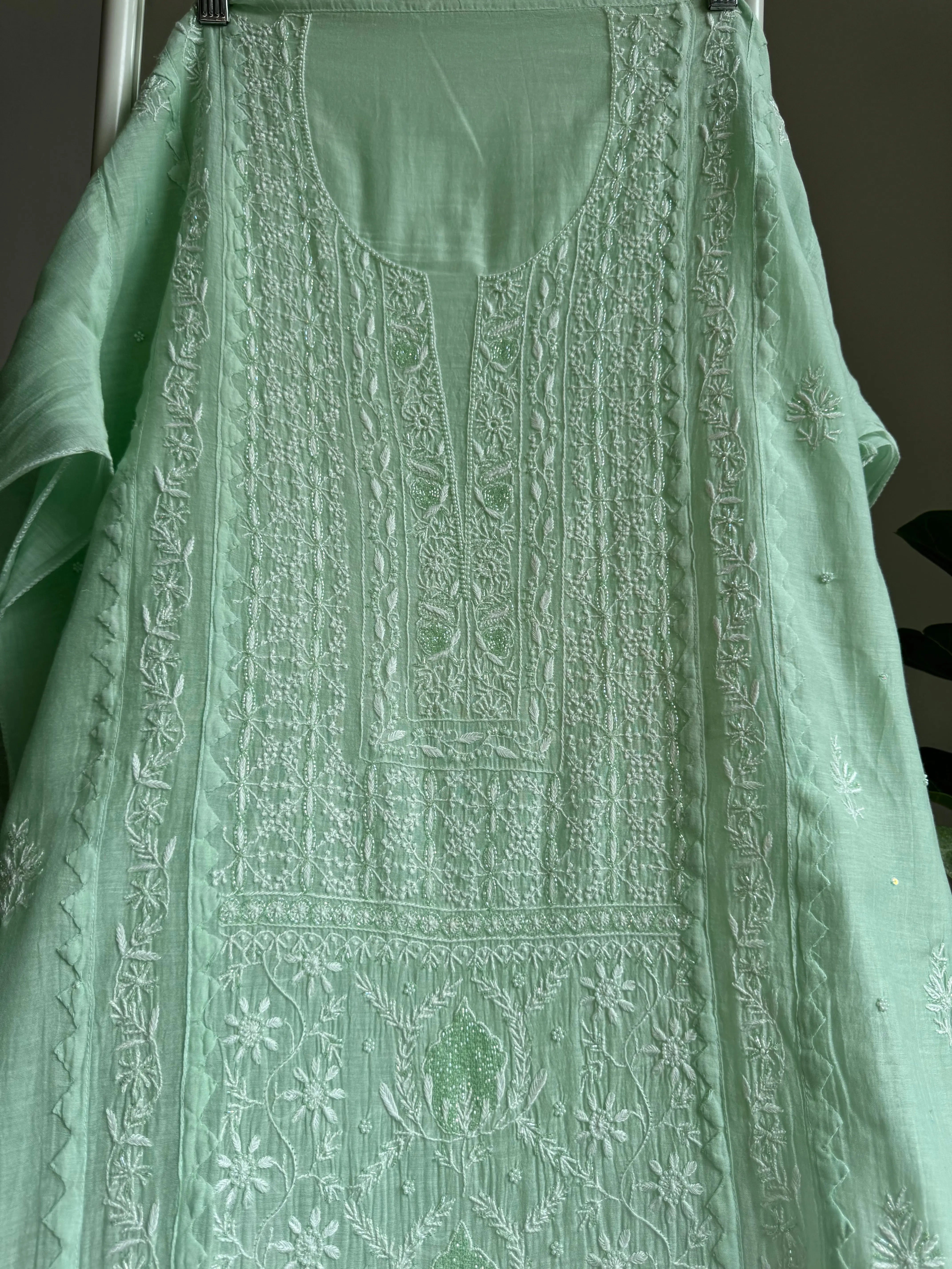 Mul Chanderi Straight Tunic - Green ARIAA CHIKANKARI 