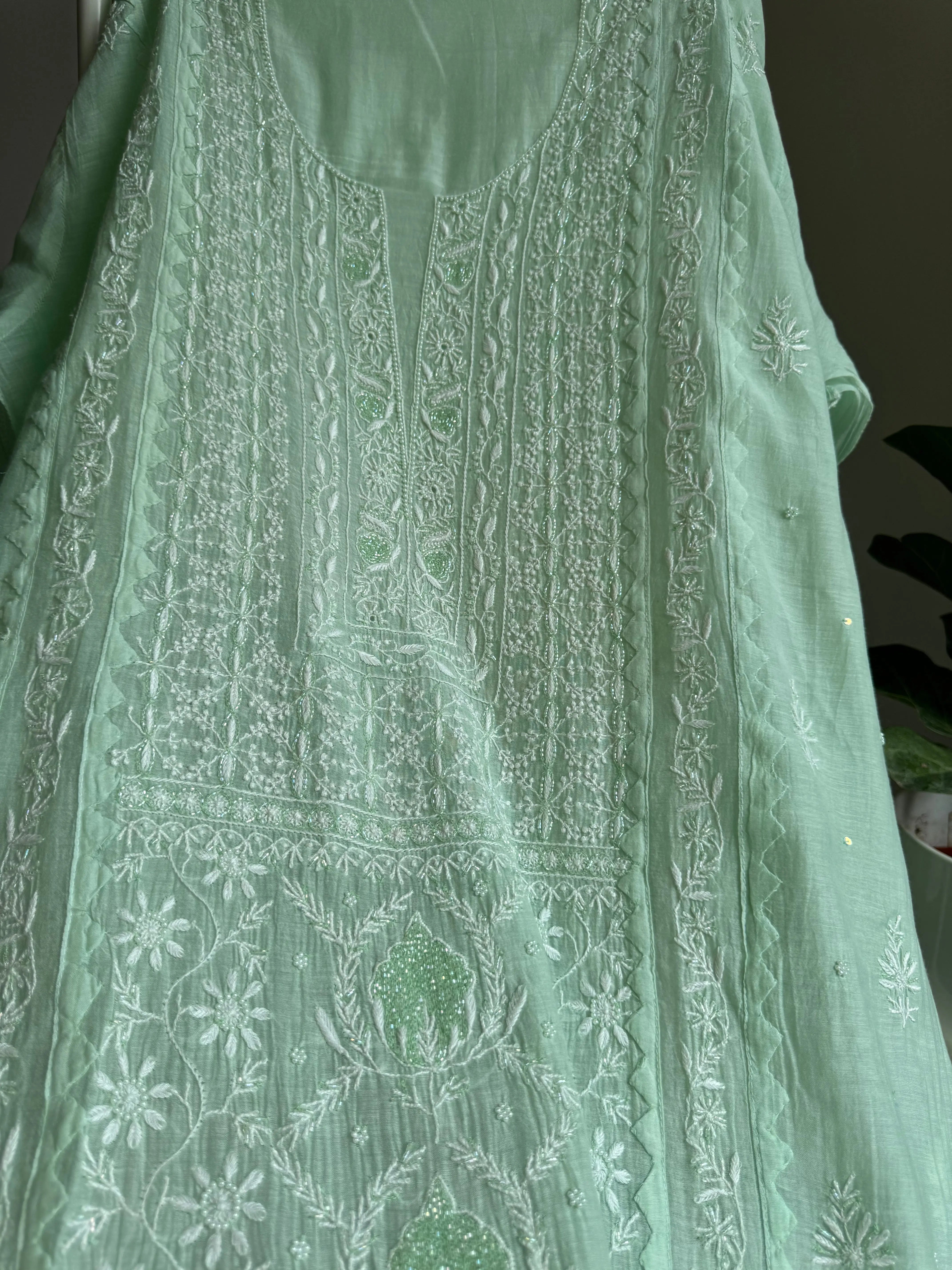 Mul Chanderi Straight Tunic - Green ARIAA CHIKANKARI 