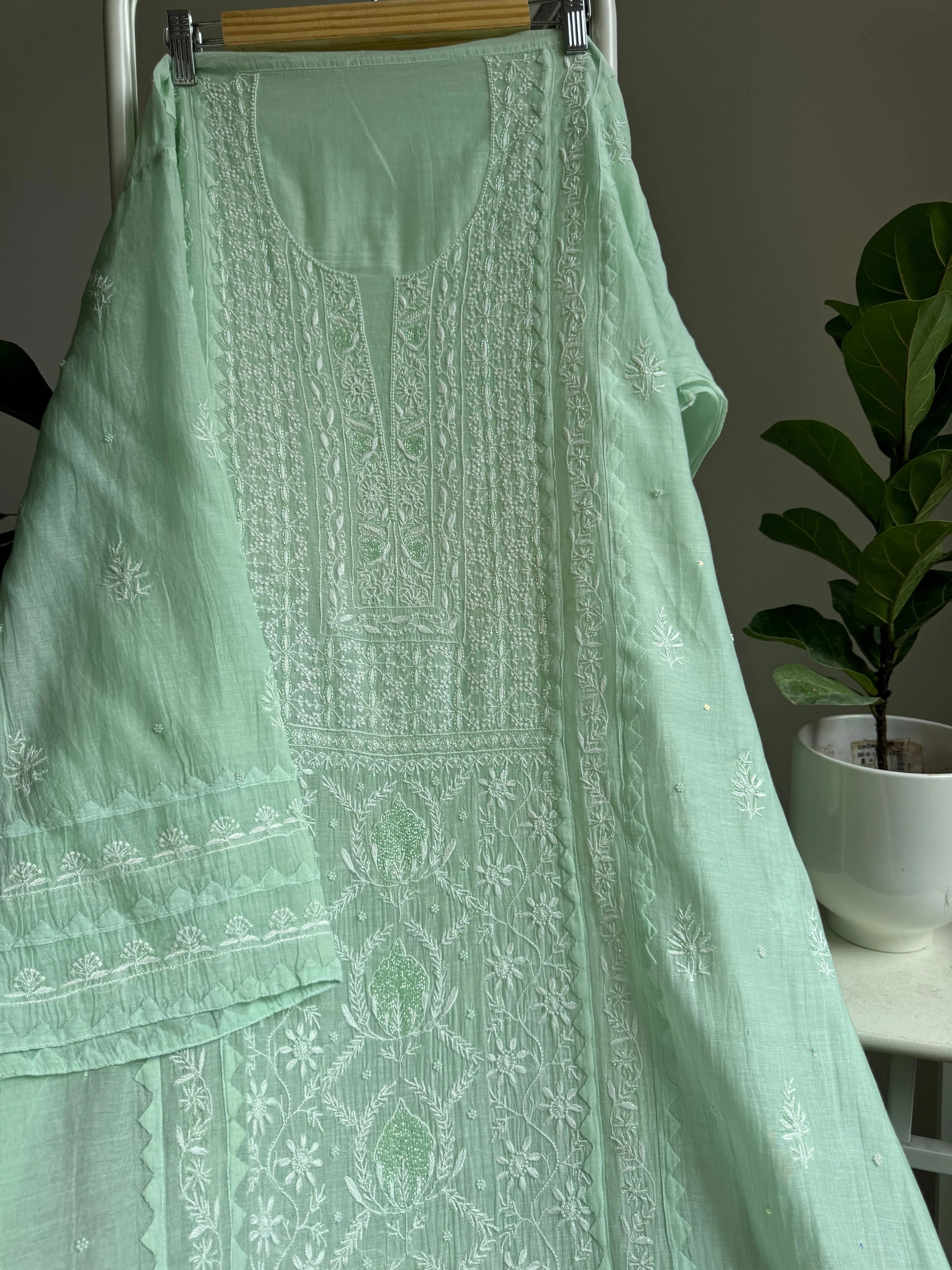 Mul Chanderi Straight Tunic - Green ARIAA CHIKANKARI 