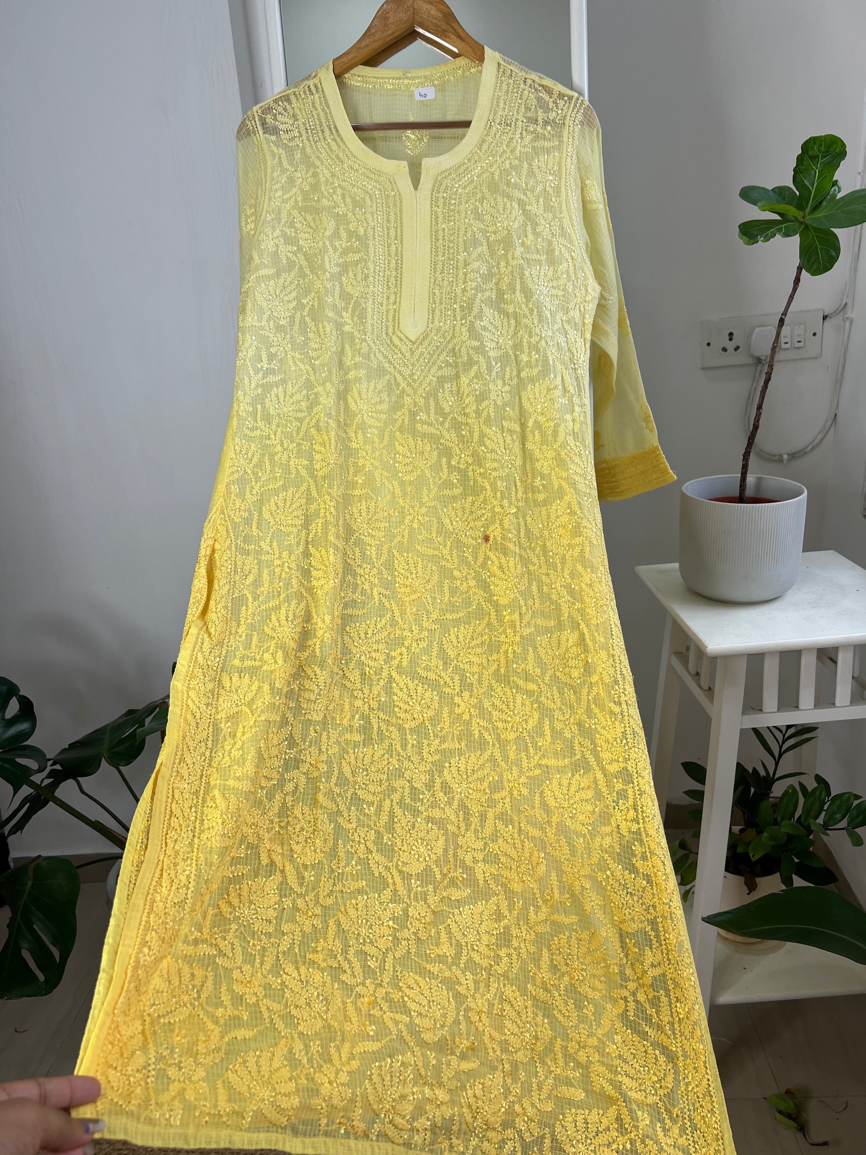 Kota Soft Cotton Chikankari Kurti - Yellow Ombre