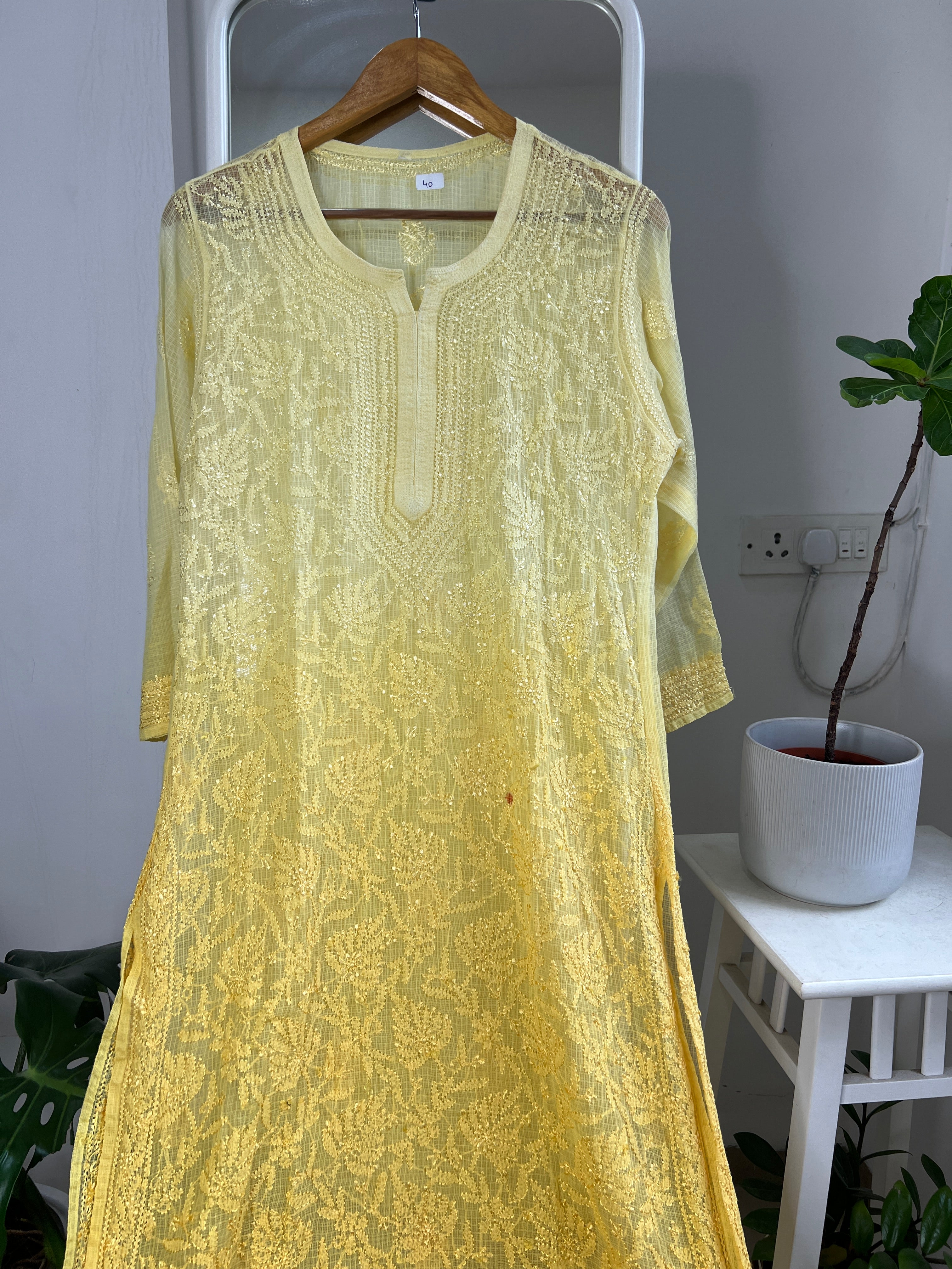 Kota Soft Cotton Chikankari Kurti - Yellow Ombre