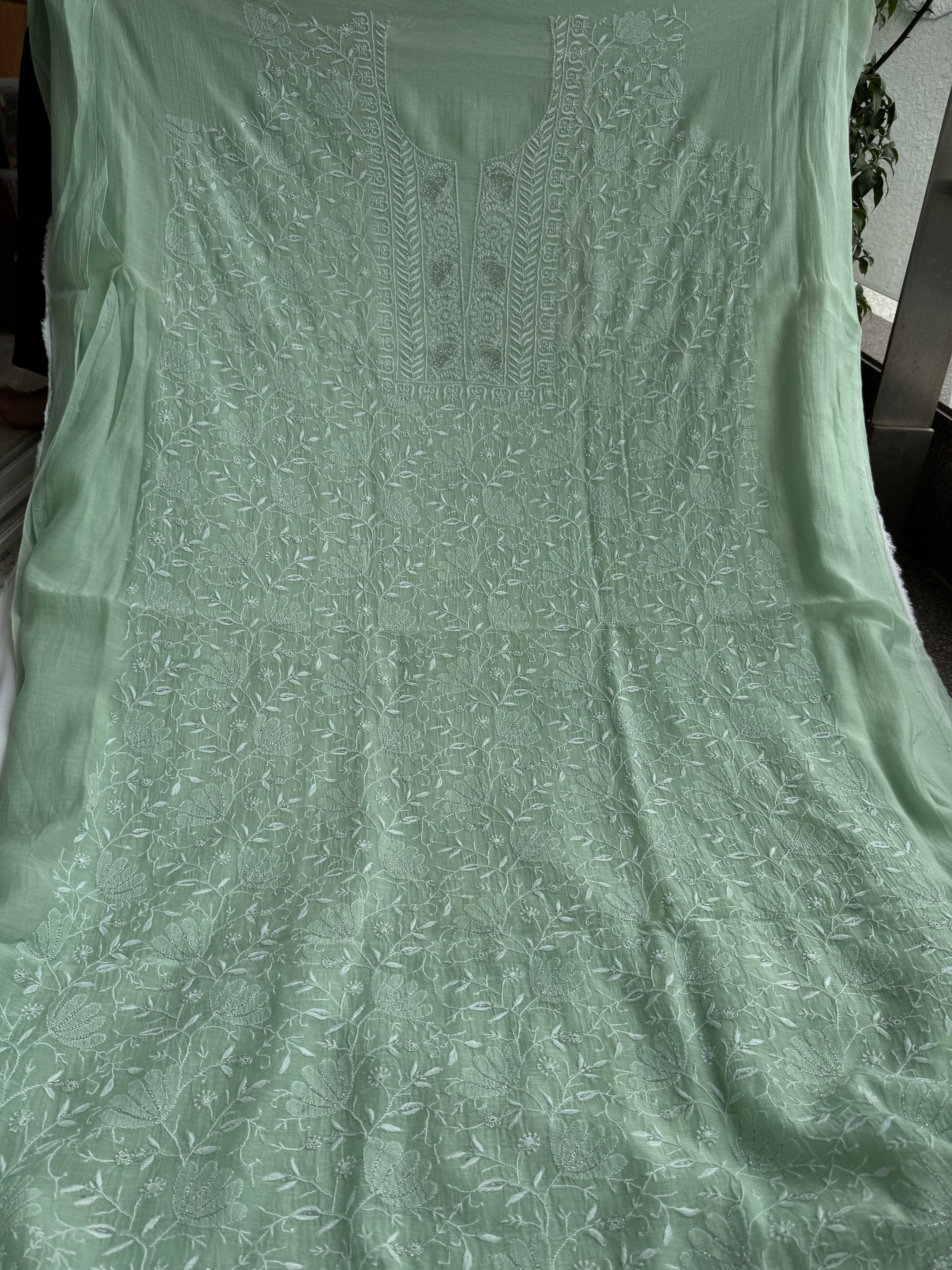 Mul Chanderi Chikankari Unstitched Length with Dupatta -Green ARIAA CHIKANKARI 