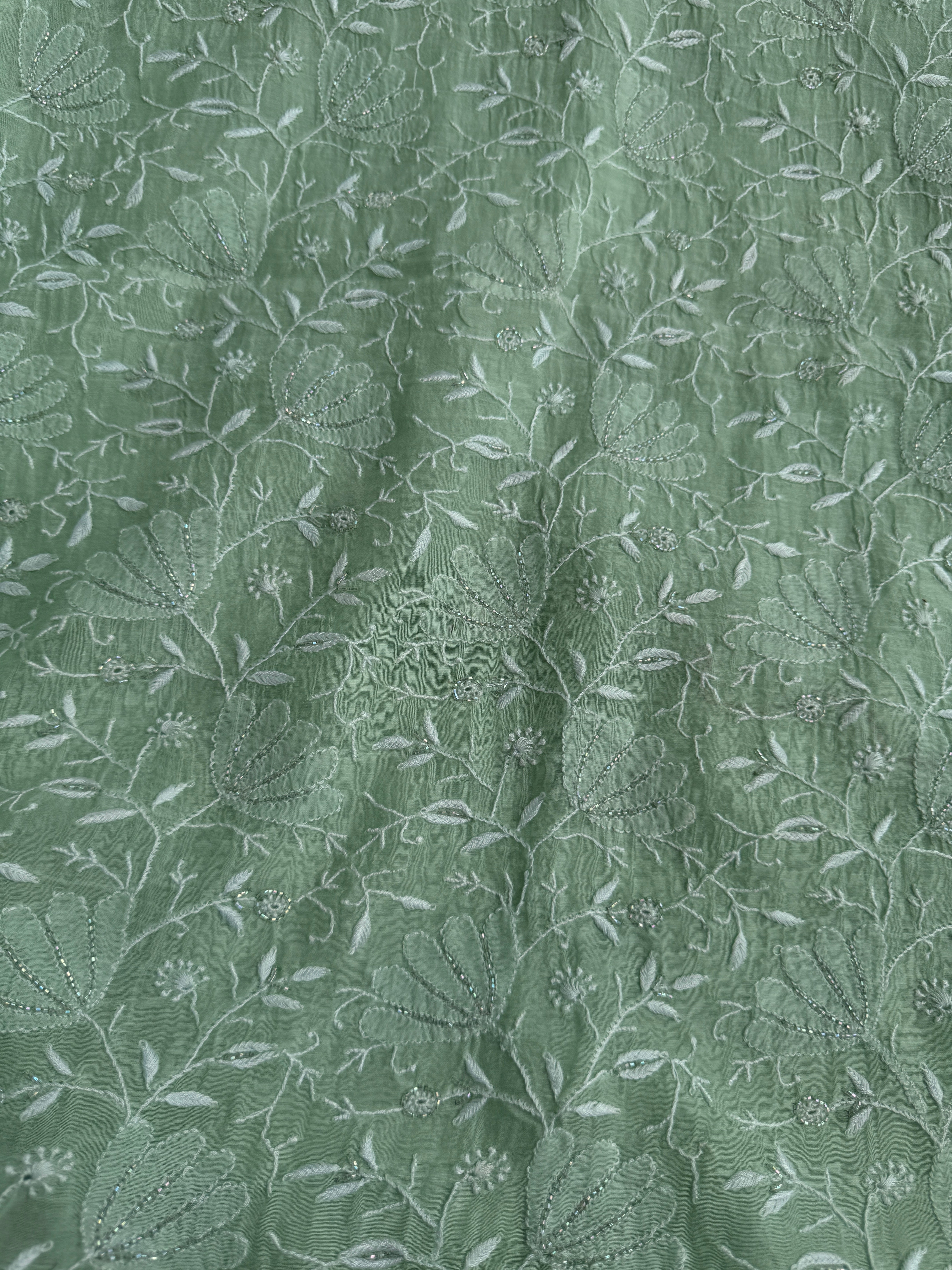 Mul Chanderi Chikankari Unstitched Length with Dupatta -Green ARIAA CHIKANKARI 