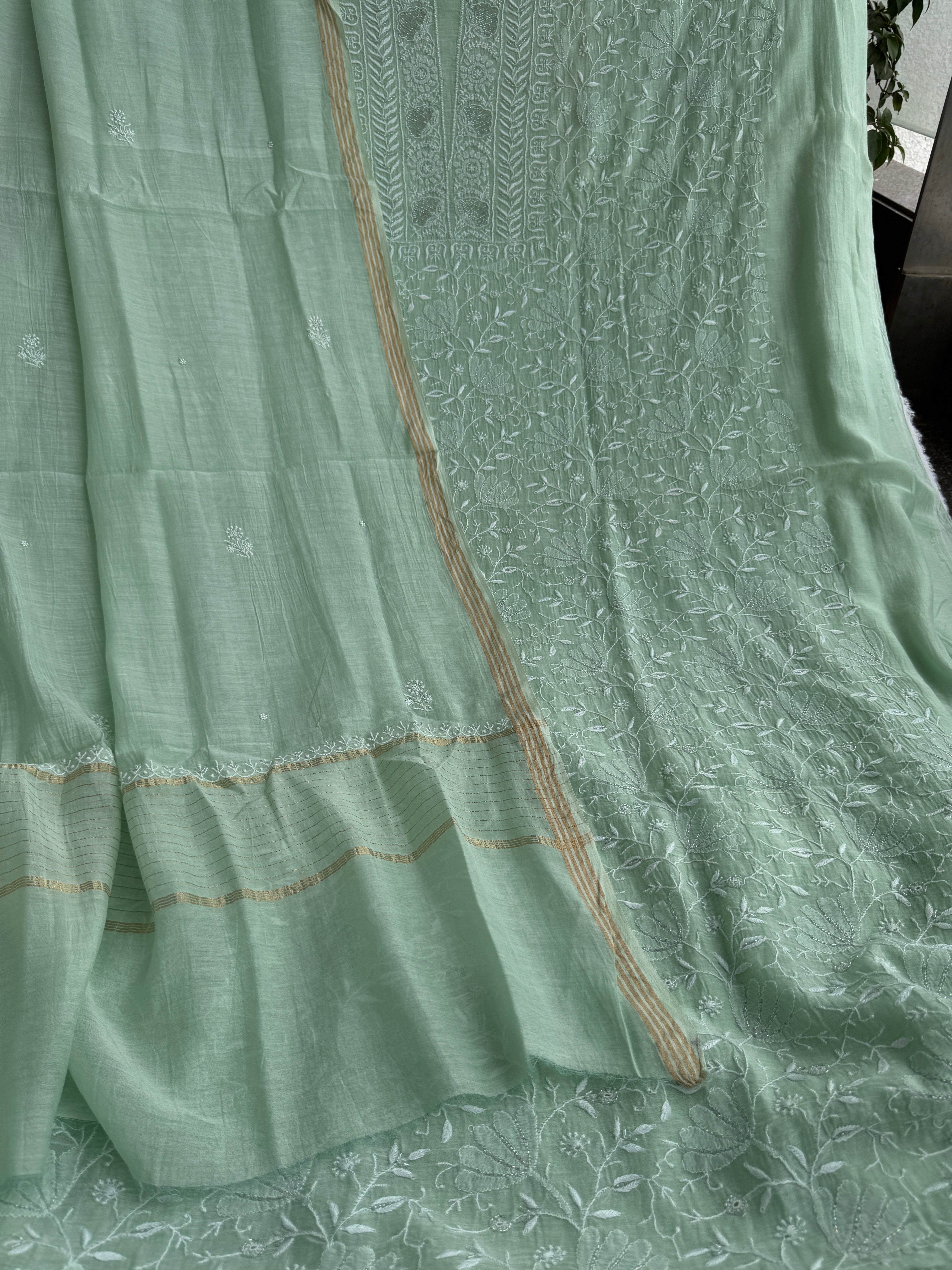Mul Chanderi Chikankari Unstitched Length with Dupatta -Green