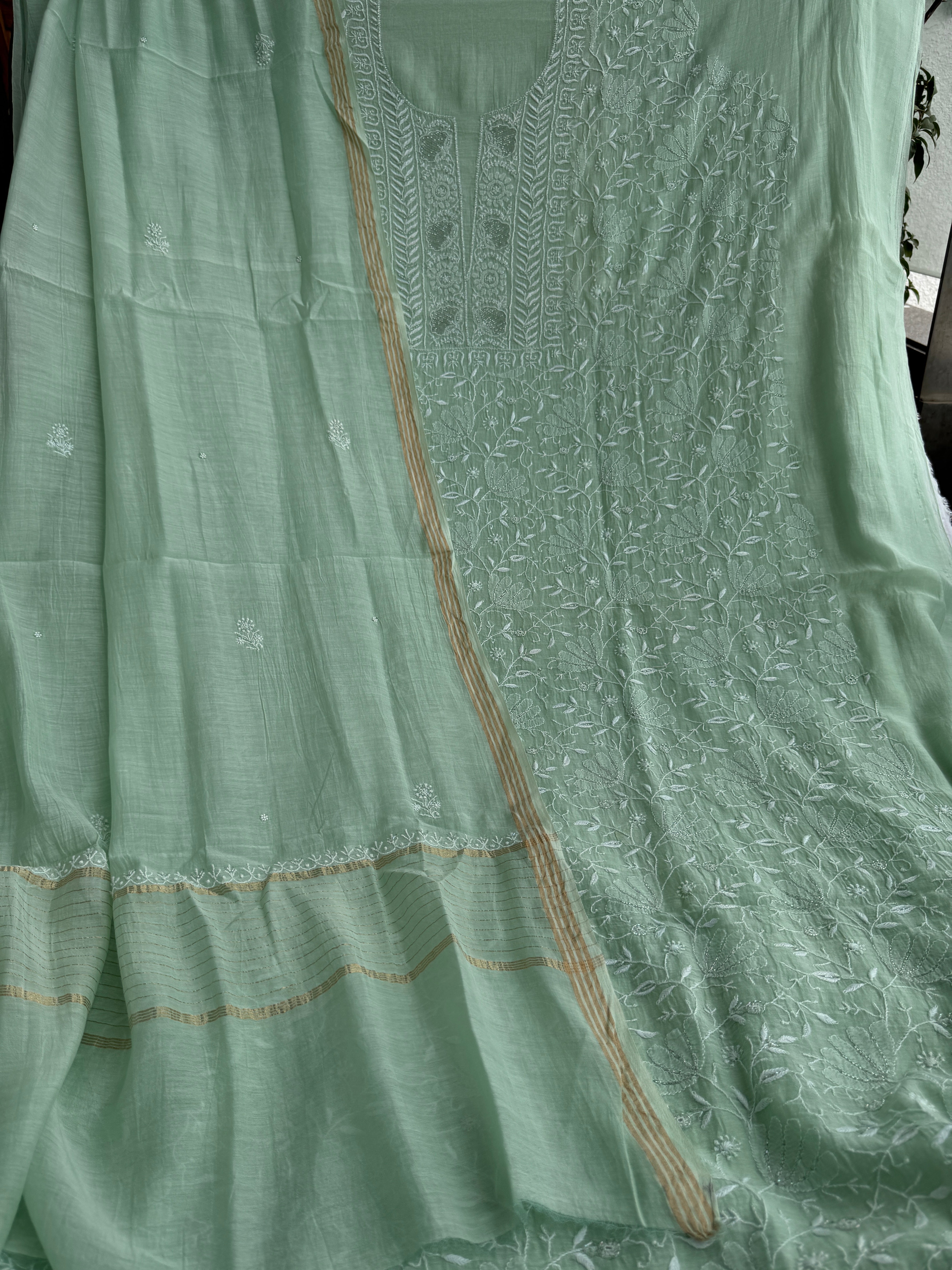 Mul Chanderi Chikankari Unstitched Length with Dupatta -Green