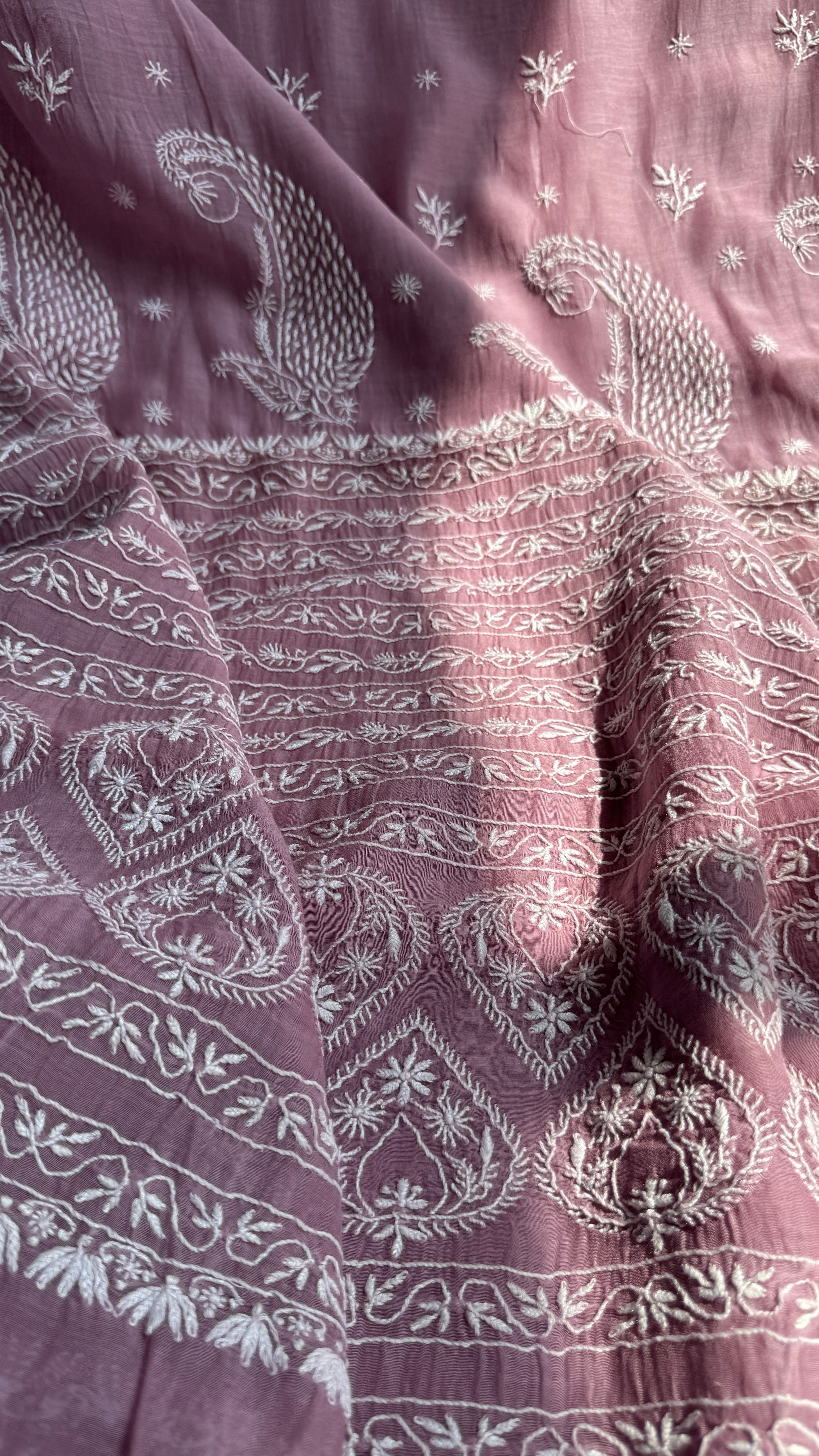 Pure Mul Chanderi Chikankari saree in Dusty Mauve