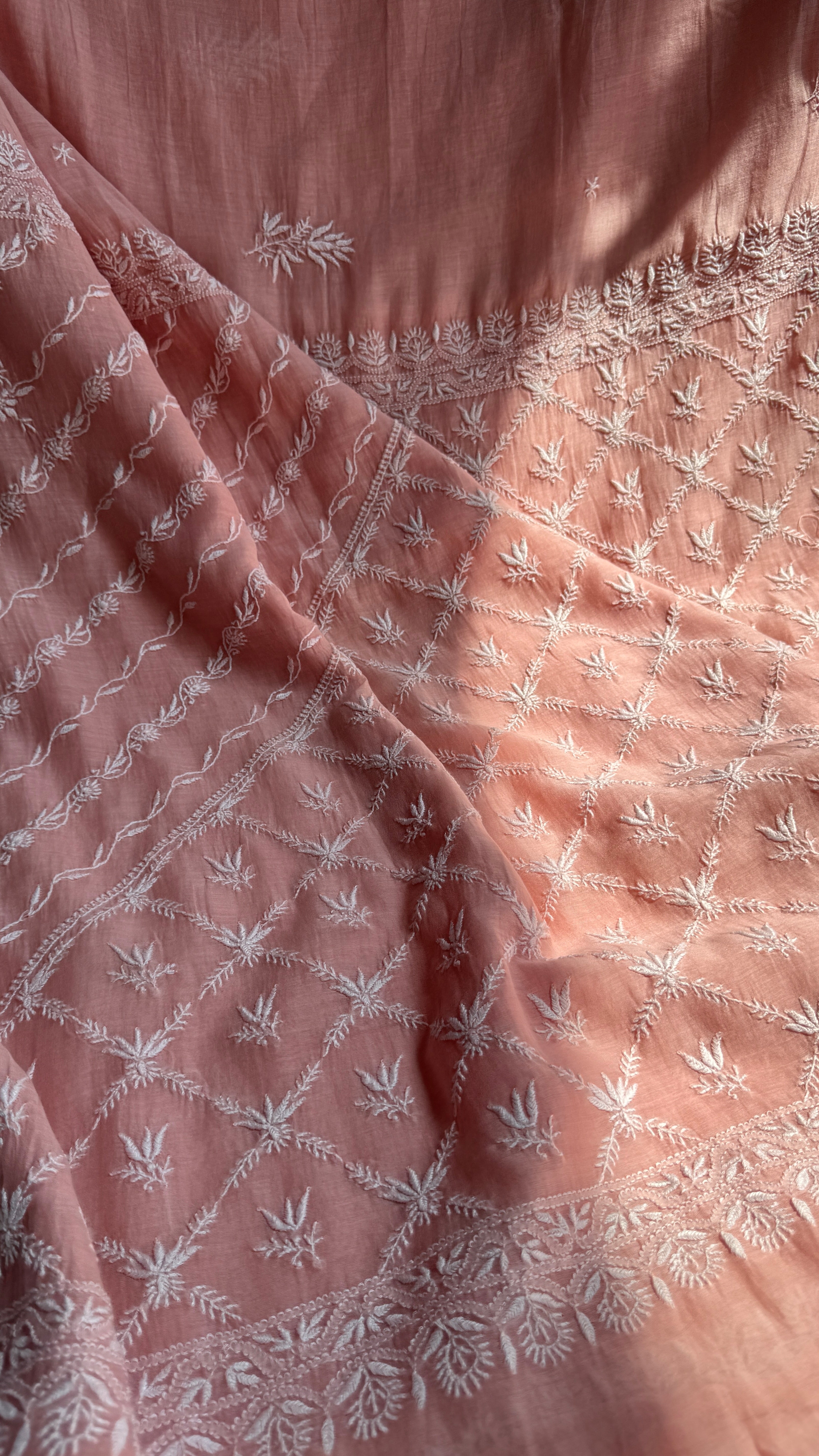 Pure Mul Chanderi Chikankari saree in Pale Pink