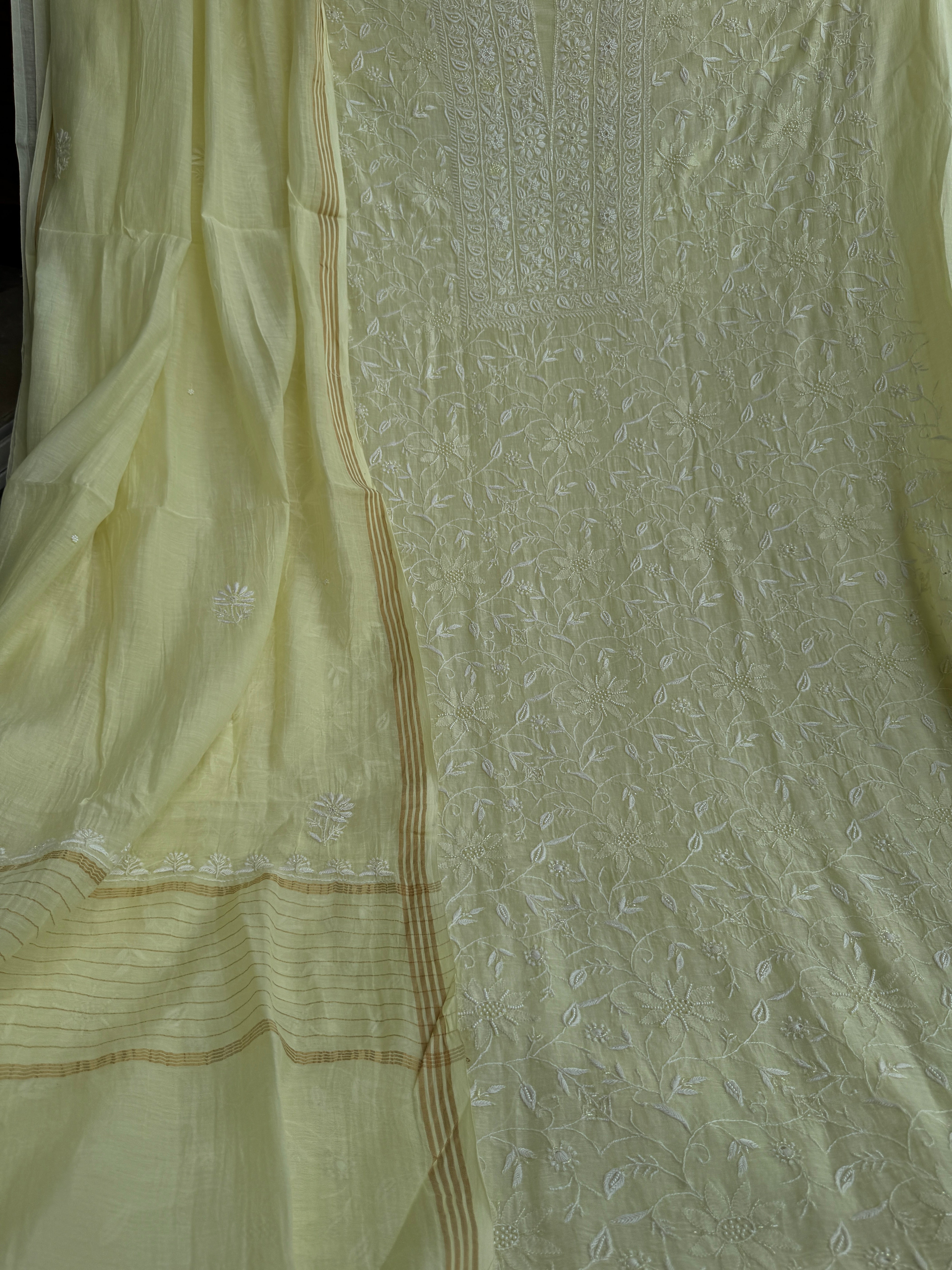 Mul Chanderi Chikankari Unstitched Length with Dupatta - Lemon Yellow