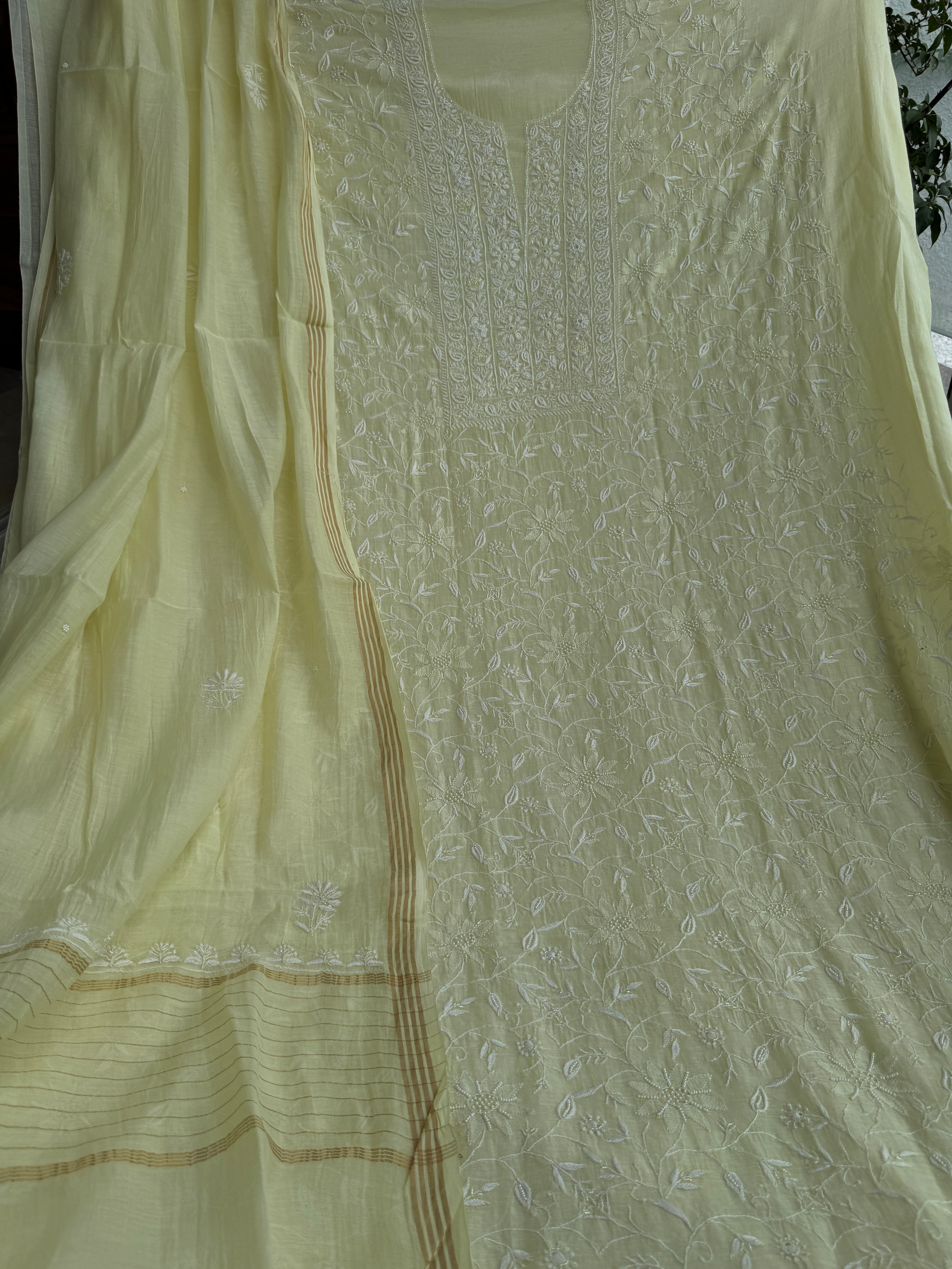 Mul Chanderi Chikankari Unstitched Length with Dupatta - Lemon Yellow