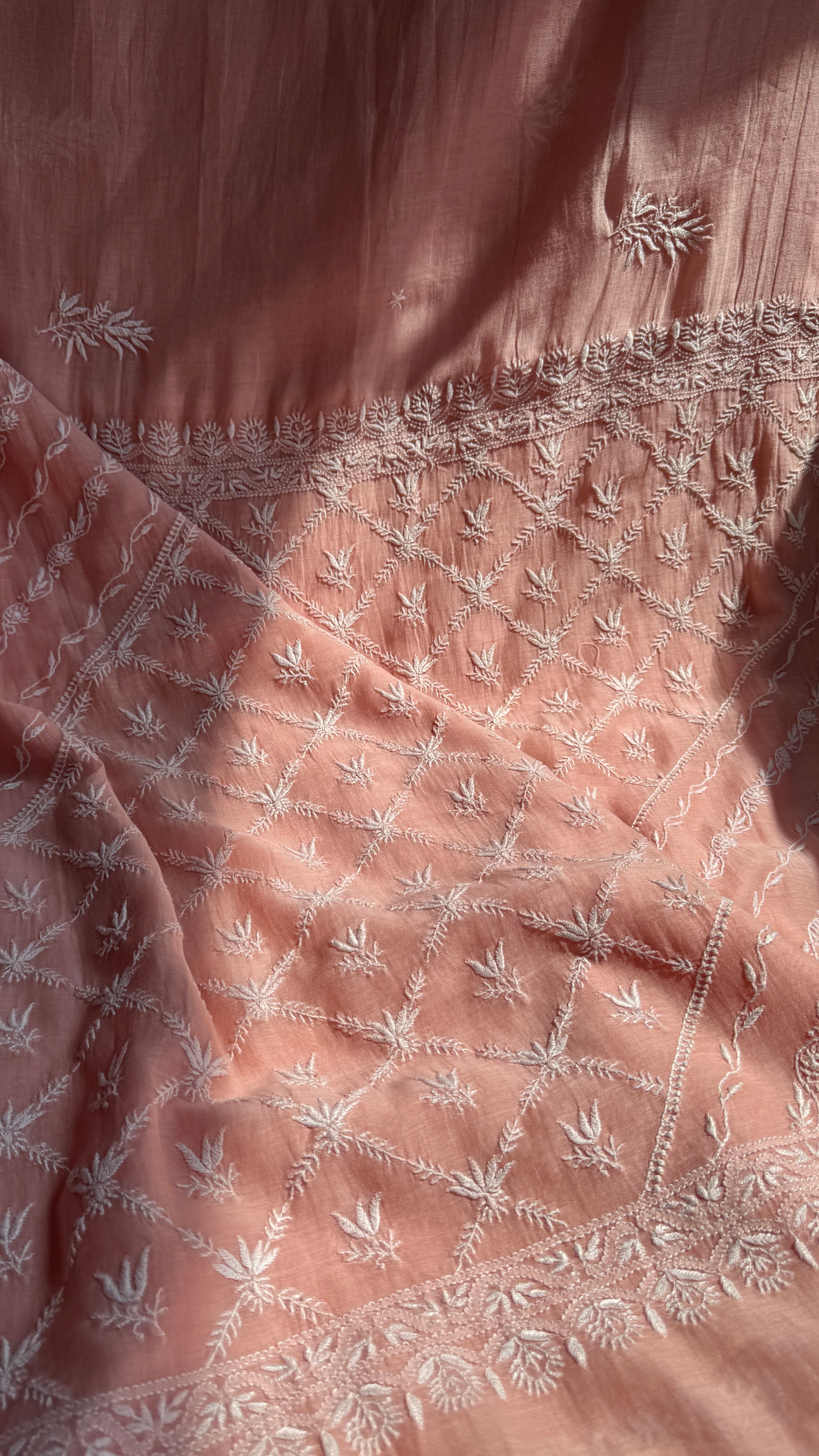 Pure Mul Chanderi Chikankari saree in Pale Pink