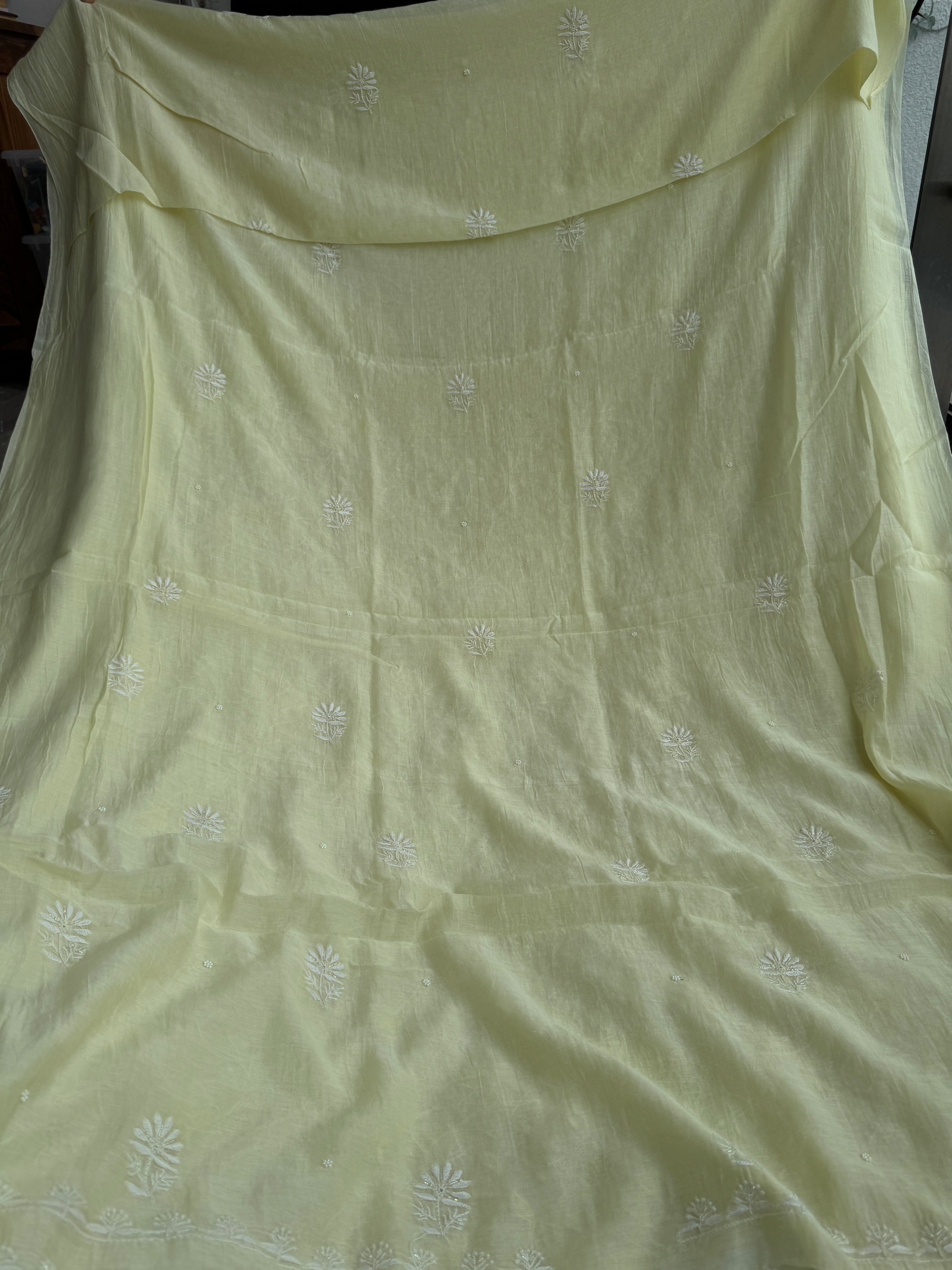Mul Chanderi Chikankari Unstitched Length with Dupatta - Lemon Yellow ARIAA CHIKANKARI 