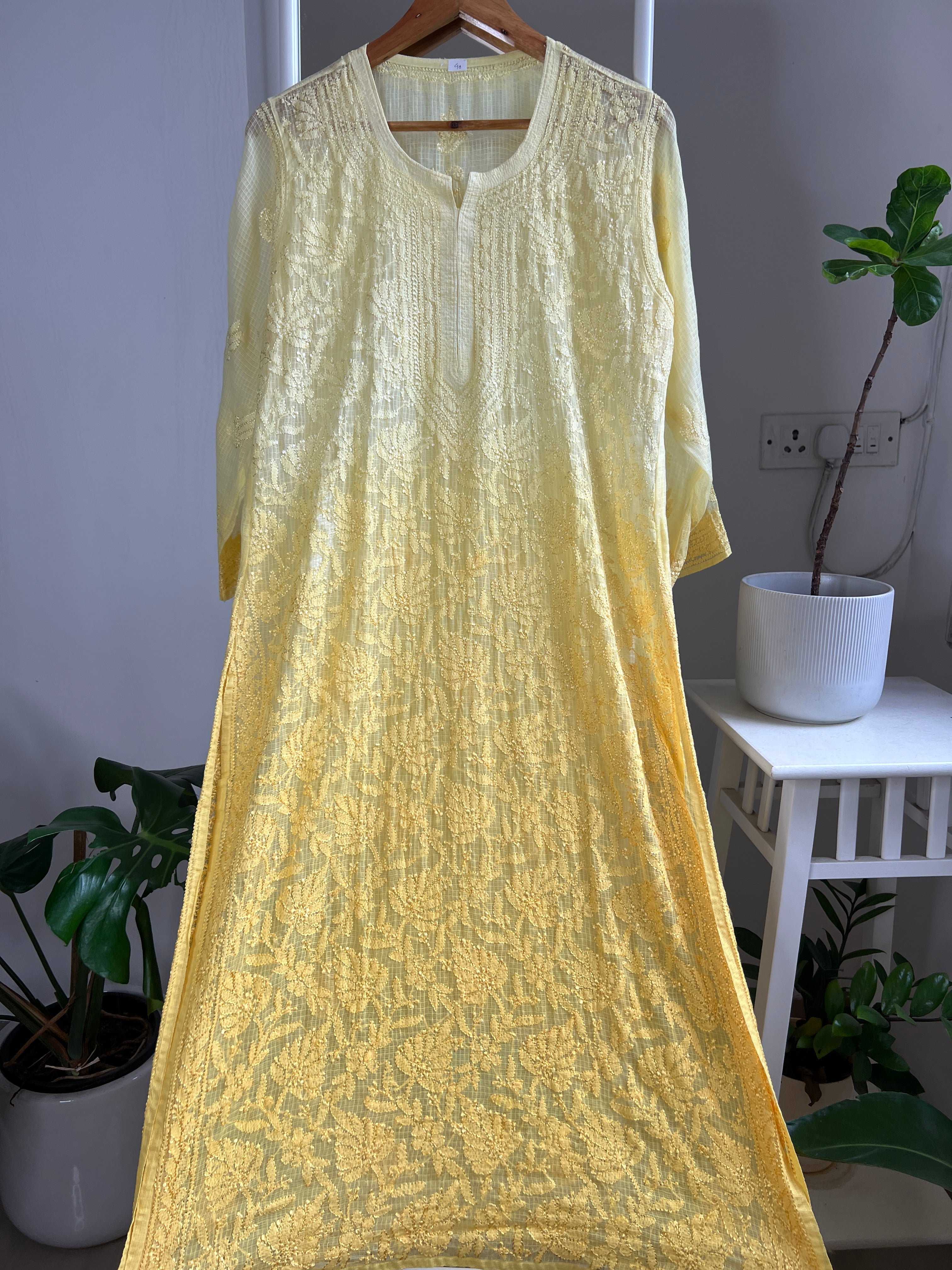 Kota Soft Cotton Chikankari Kurti - Yellow Ombre