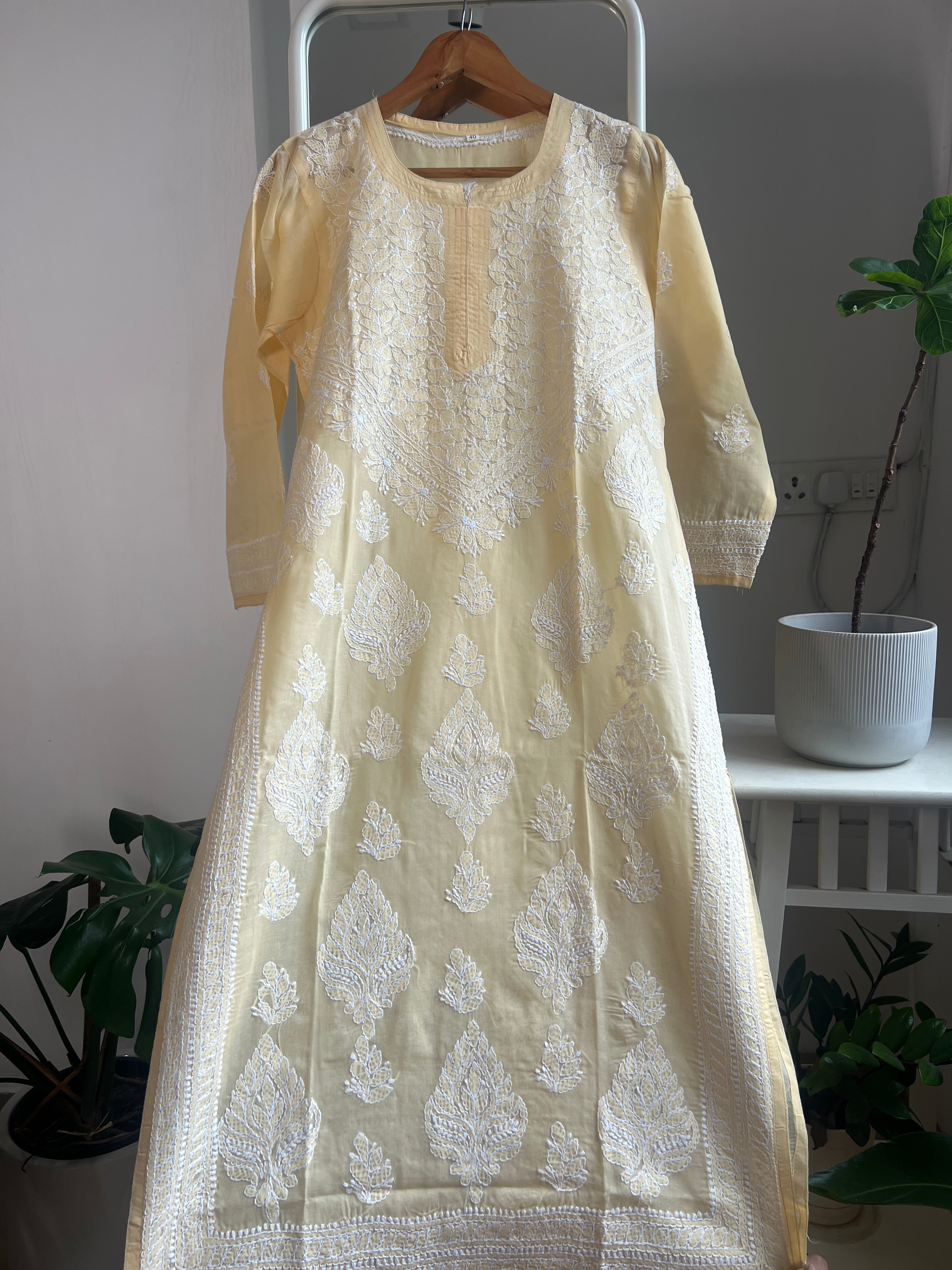 Cotton Chikankari Kurti - Beige -white thread work ARIAA CHIKANKARI 
