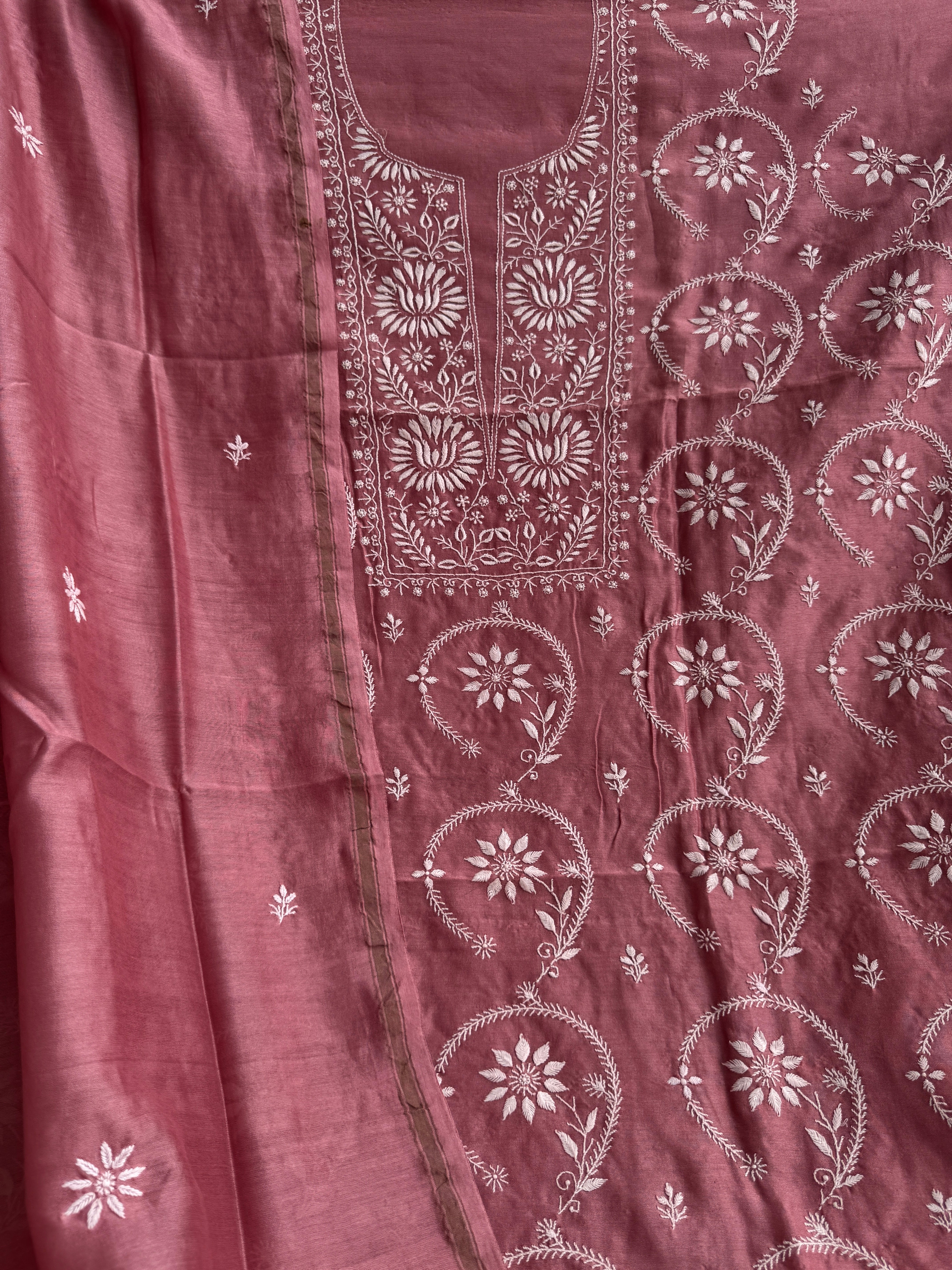 Chanderi Chikankari Length with Dupatta - Rosewood ARIAA CHIKANKARI 