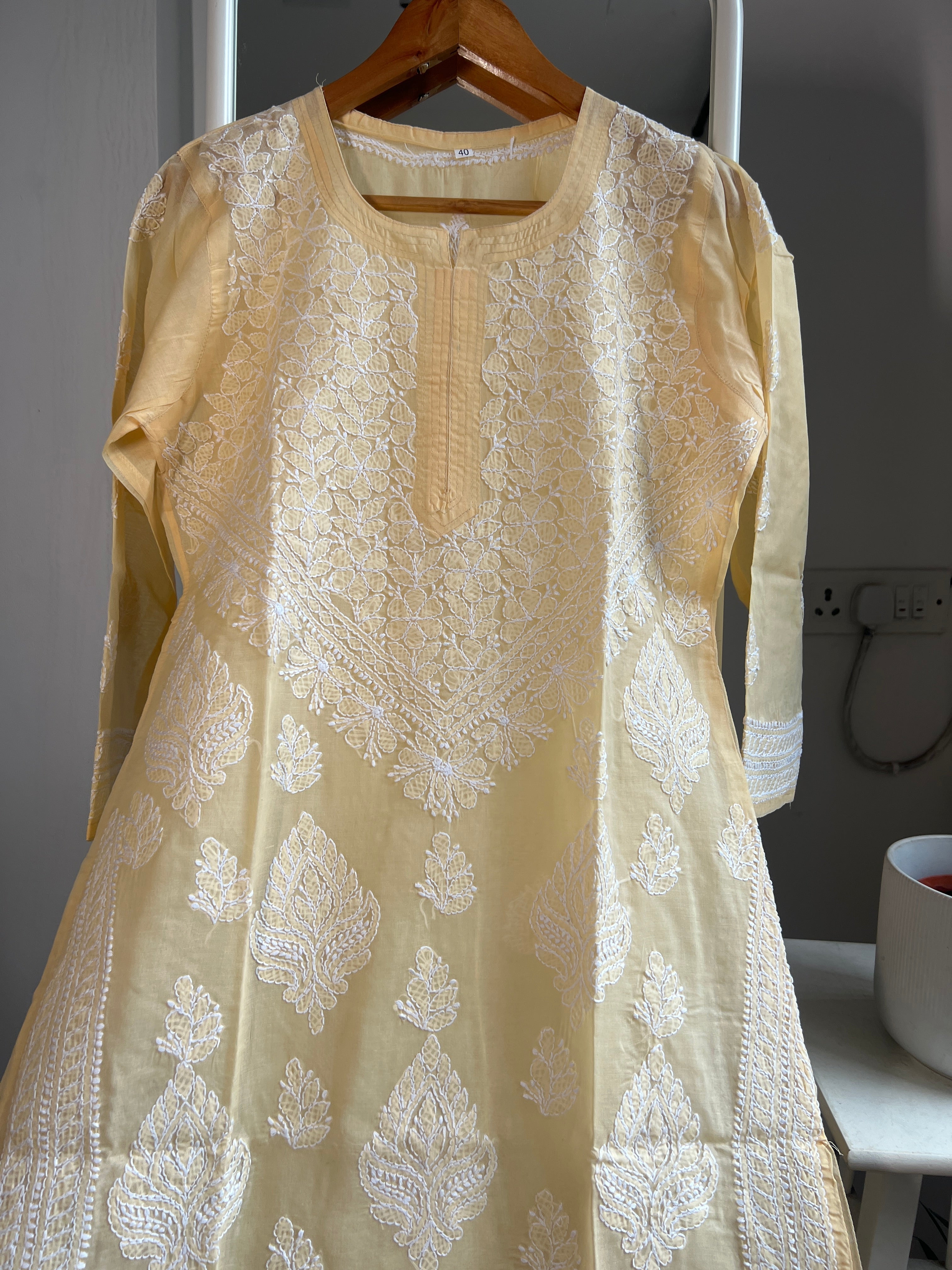 Cotton Chikankari Kurti - Beige -white thread work ARIAA CHIKANKARI 