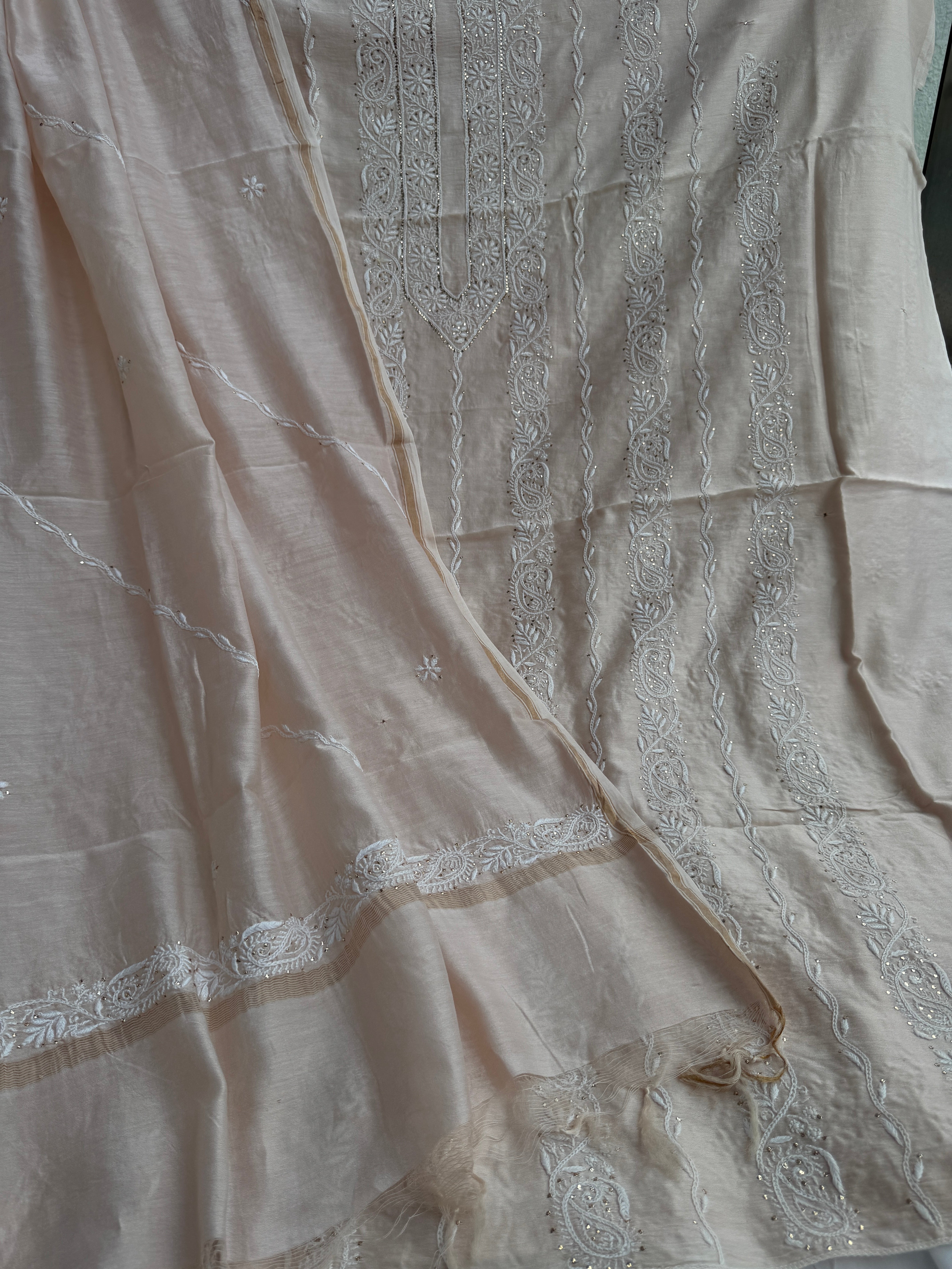 Chanderi Chikankari Length Mukaish with Dupatta - Pale Pink
