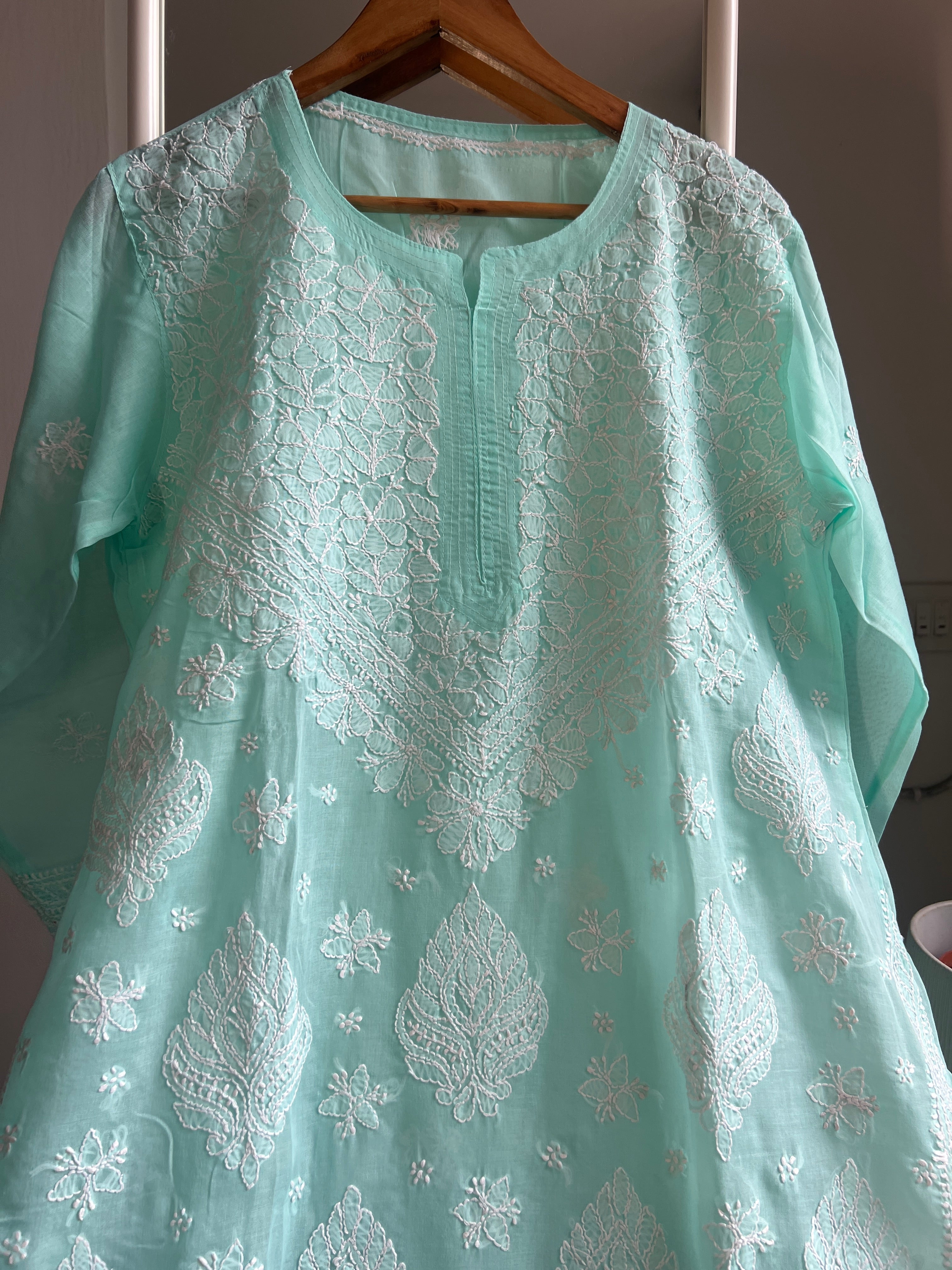 Cotton Chikankari Kurti - Cyan Green -white thread work ARIAA CHIKANKARI 