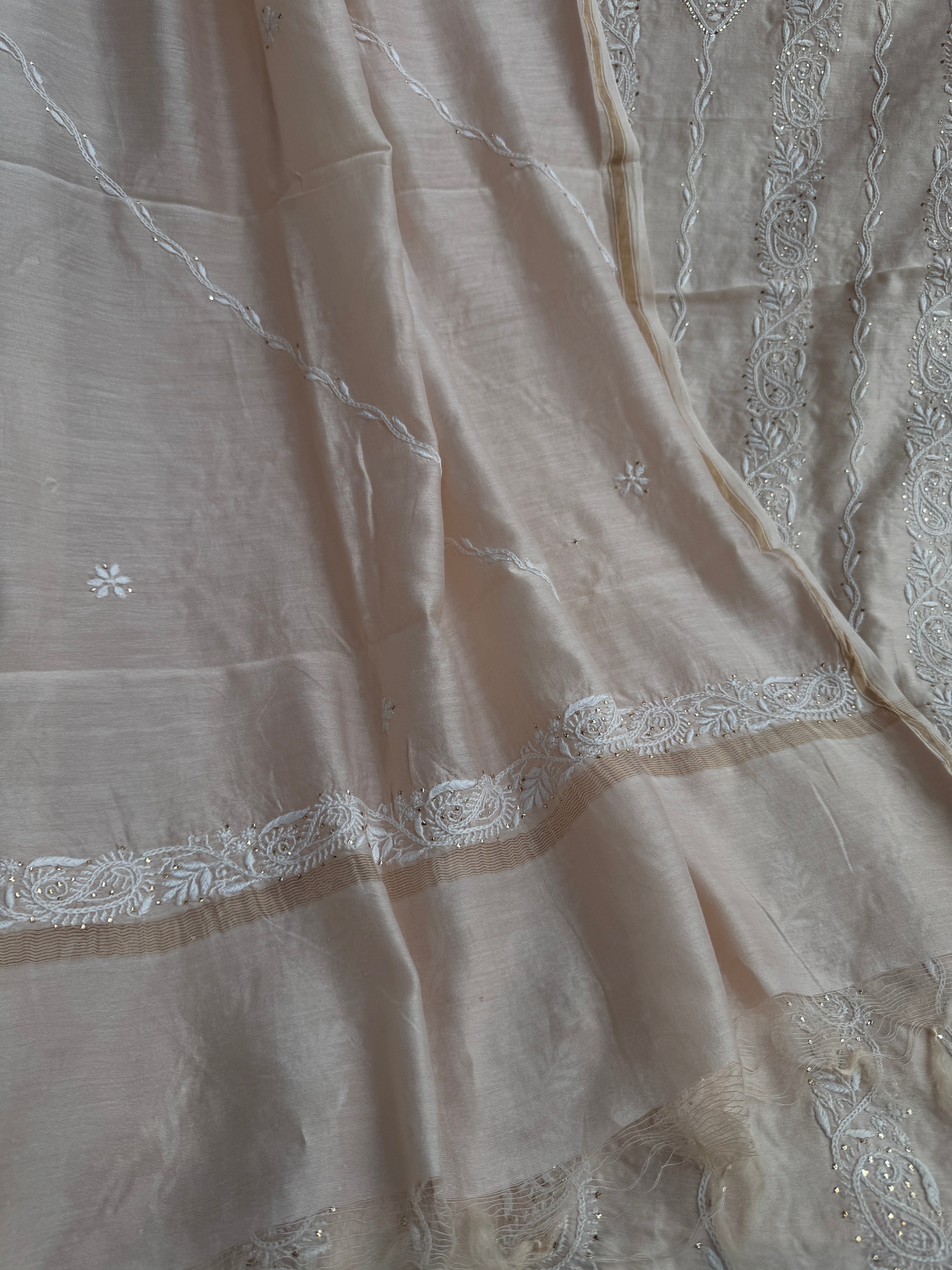 Chanderi Chikankari Length Mukaish with Dupatta - Pale Pink