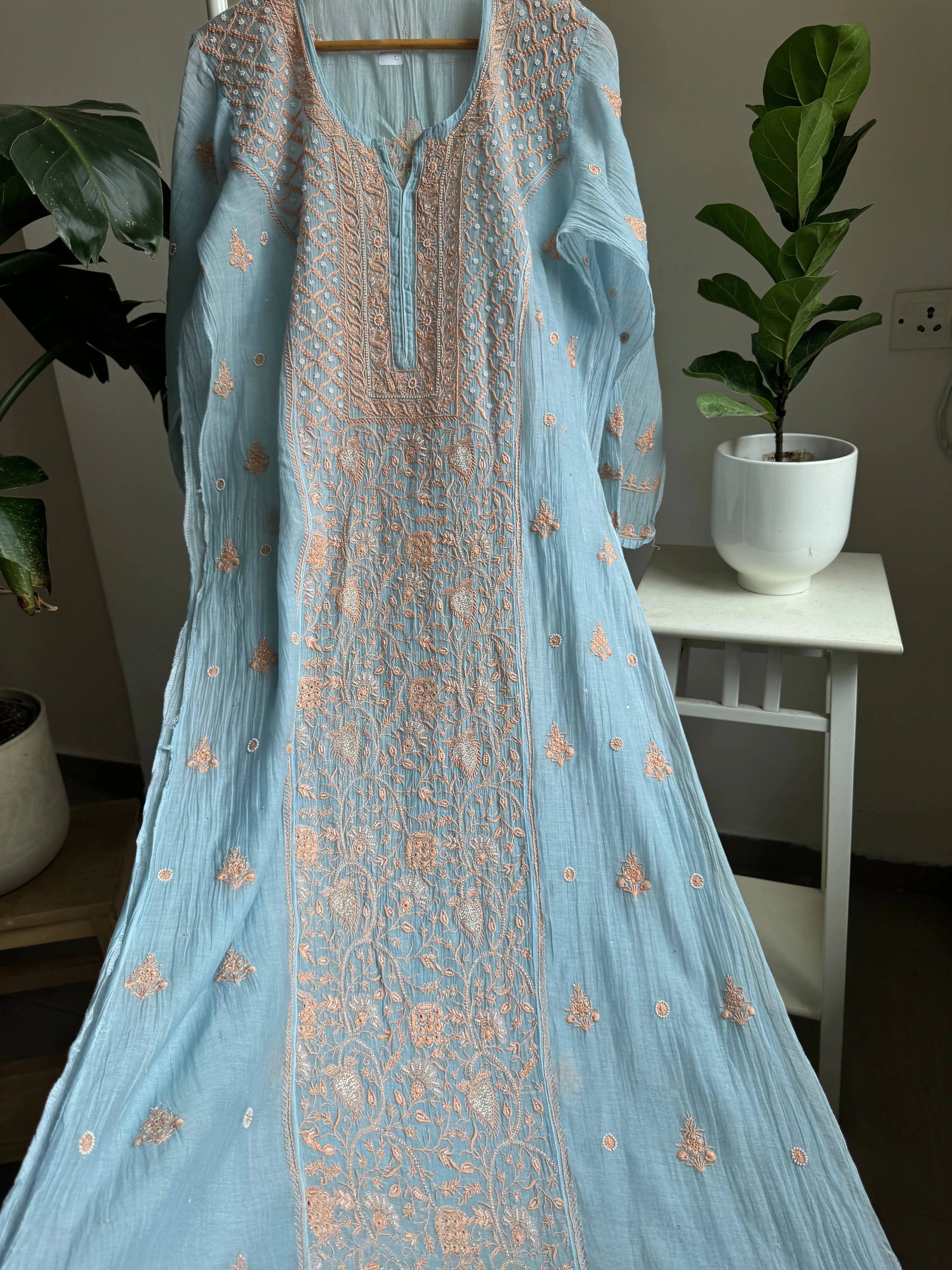 Mul Chanderi Straight Tunic - Blue -Multi Color ARIAA CHIKANKARI 