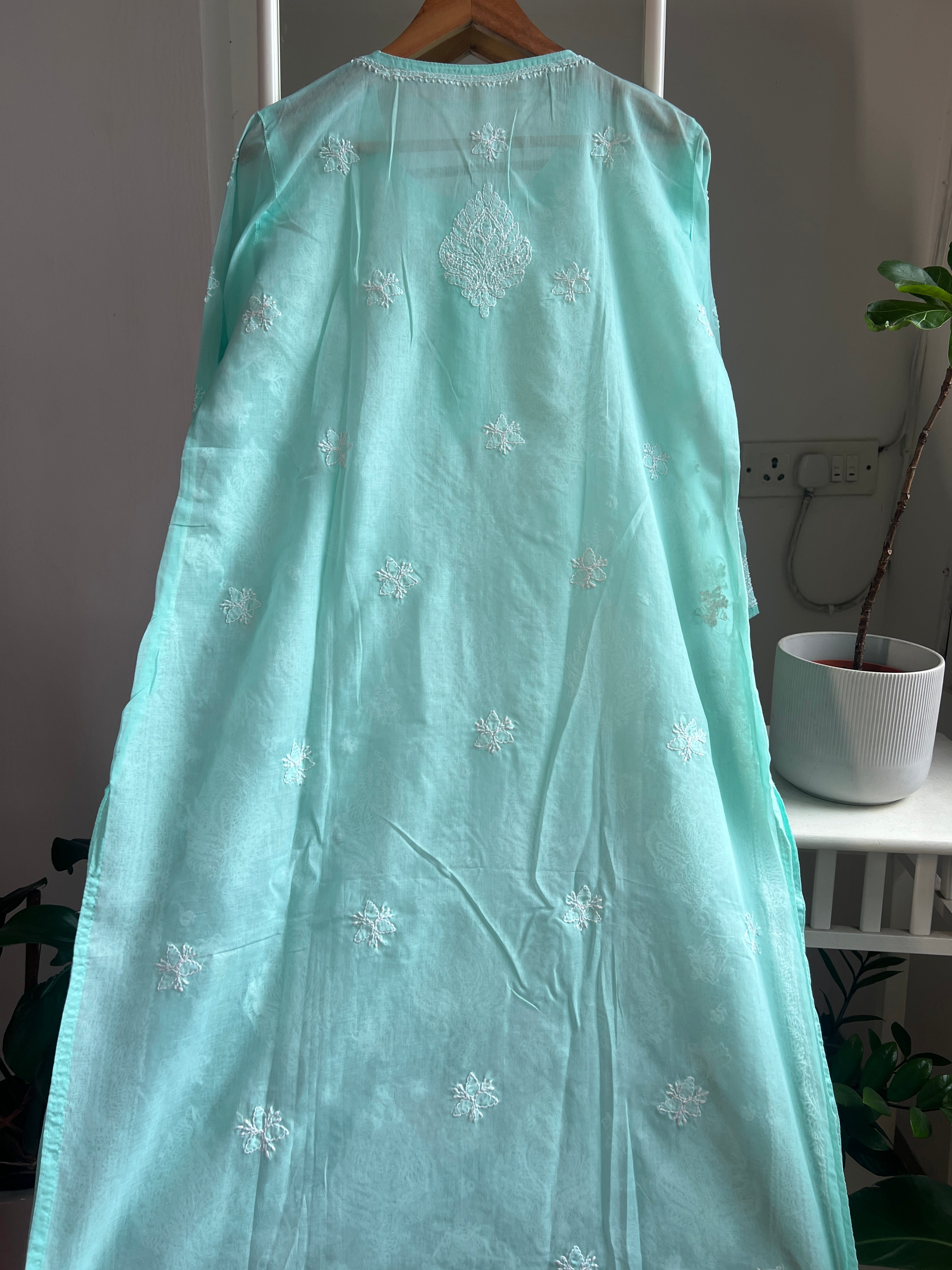 Cotton Chikankari Kurti - Cyan Green -white thread work ARIAA CHIKANKARI 