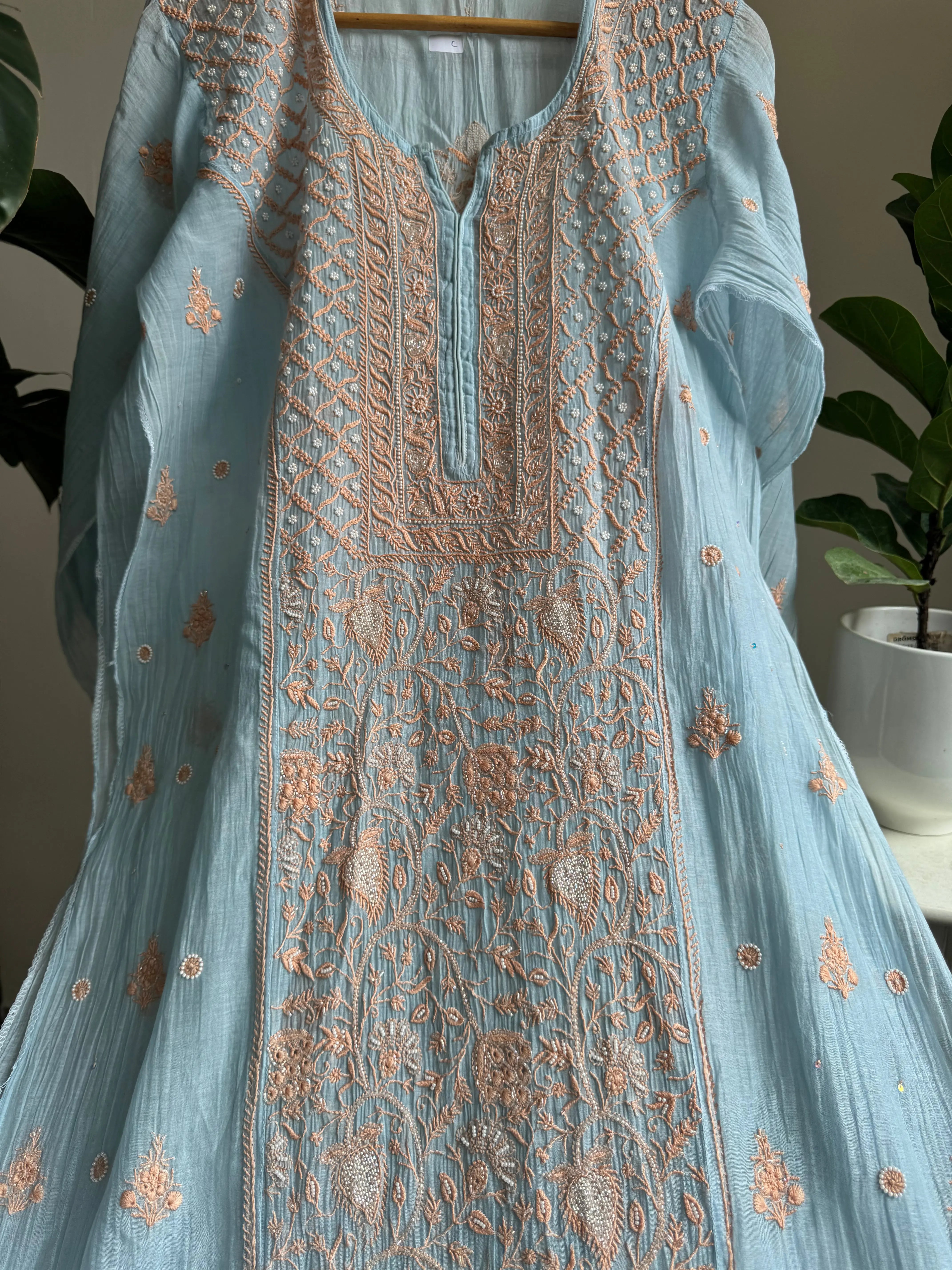 Mul Chanderi Straight Tunic - Blue -Multi Color ARIAA CHIKANKARI 