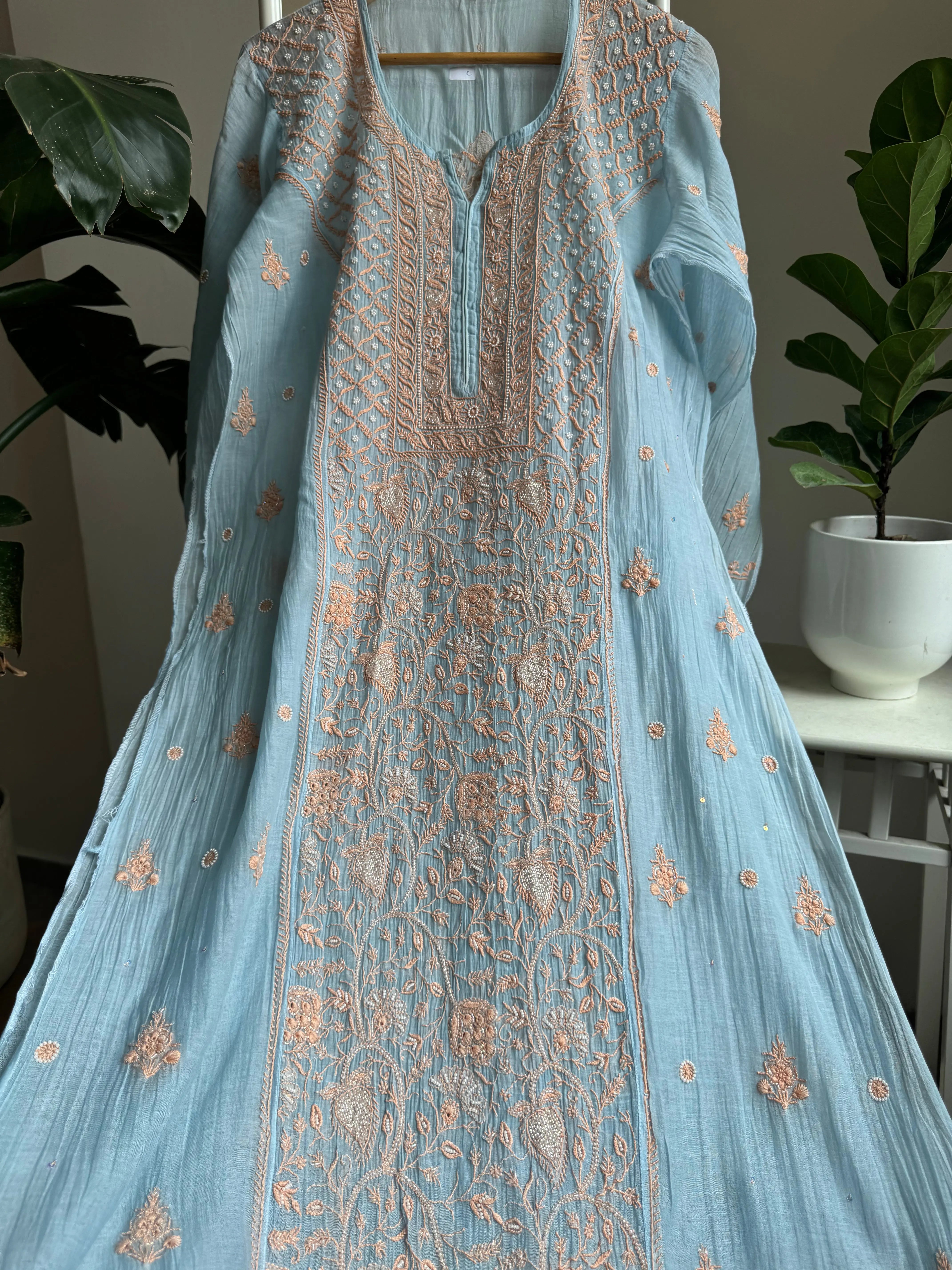 Mul Chanderi Straight Tunic - Blue -Multi Color ARIAA CHIKANKARI 