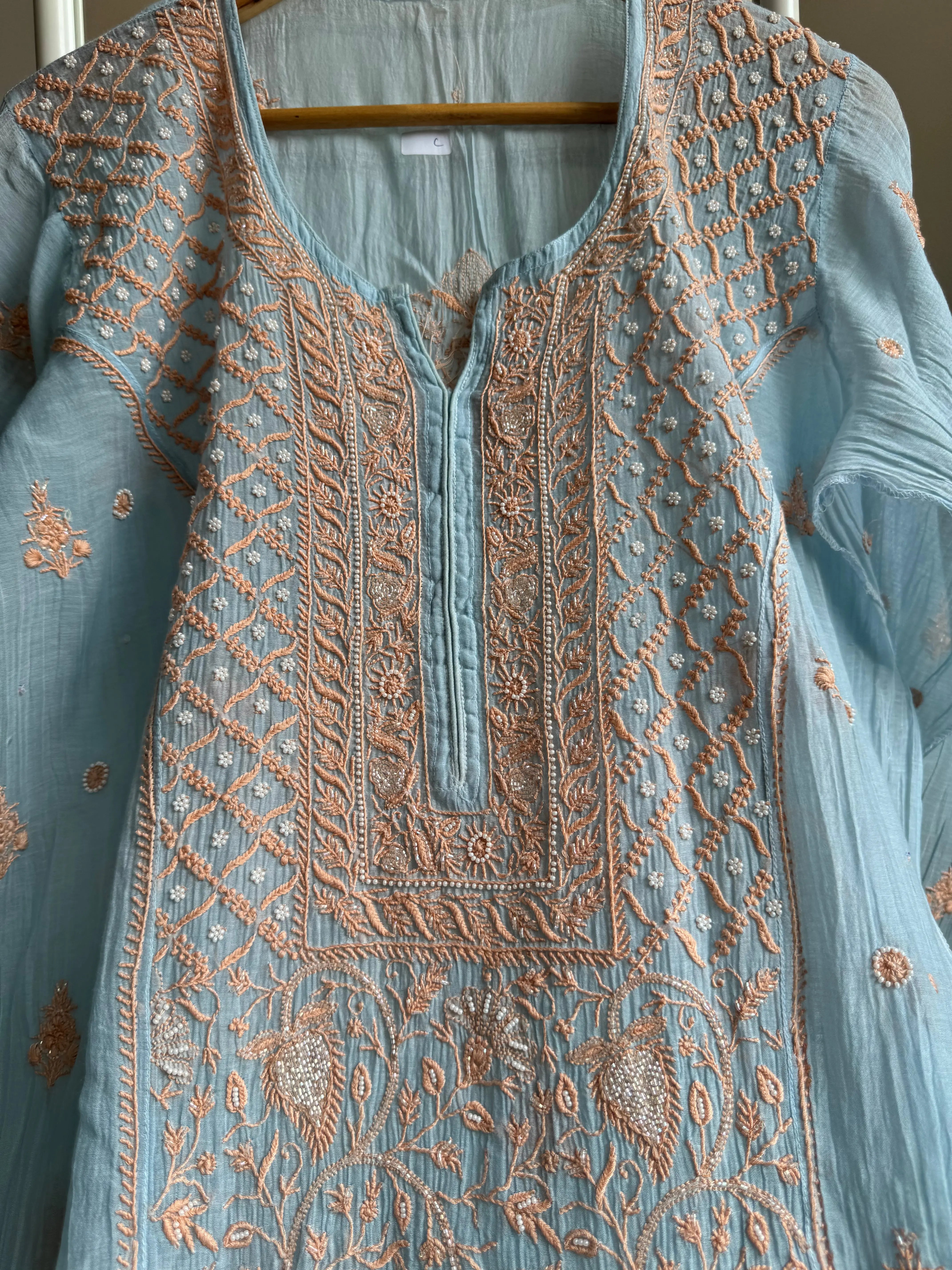 Mul Chanderi Straight Tunic - Blue -Multi Color ARIAA CHIKANKARI 