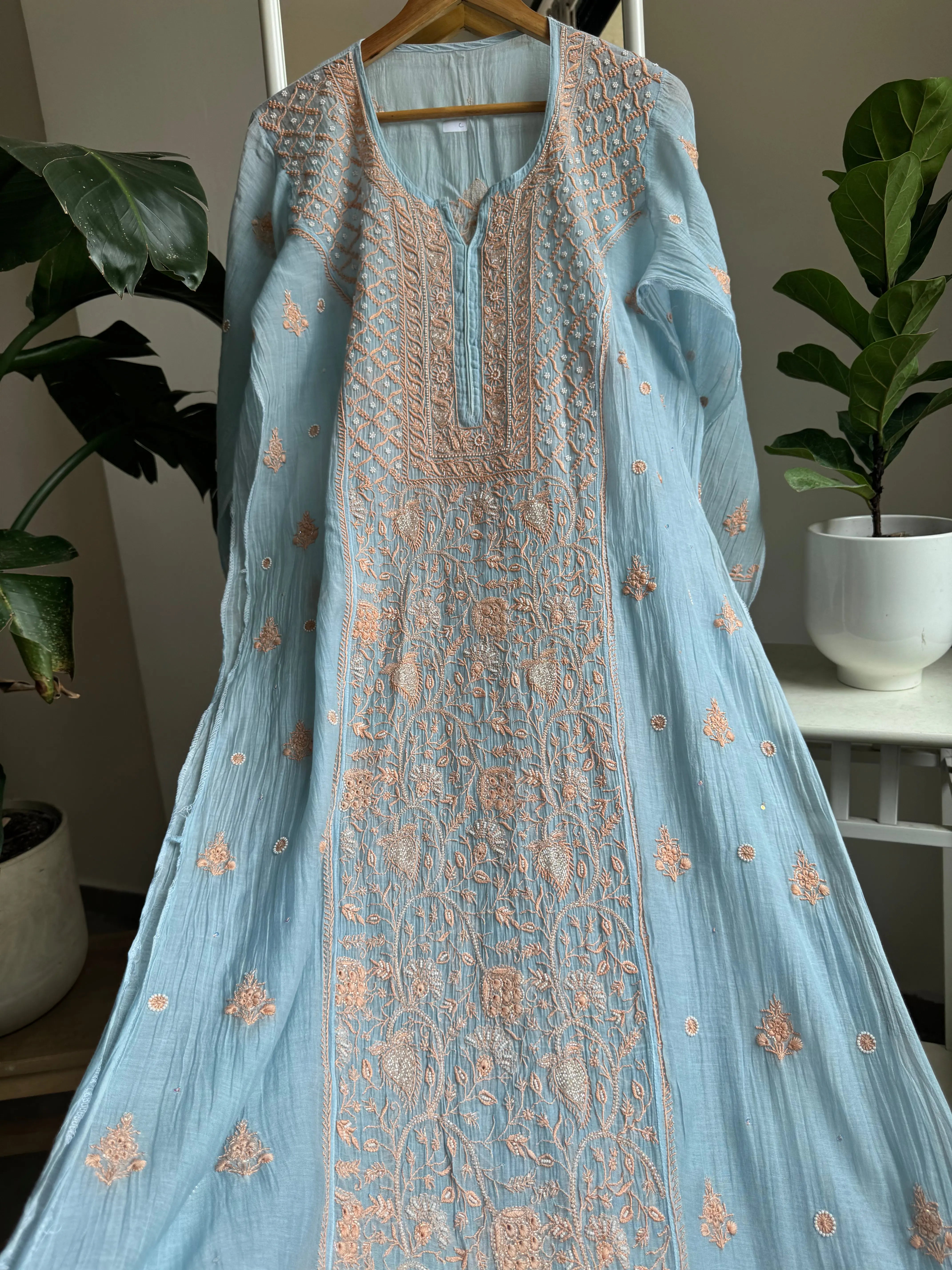 Mul Chanderi Straight Tunic - Blue -Multi Color ARIAA CHIKANKARI 