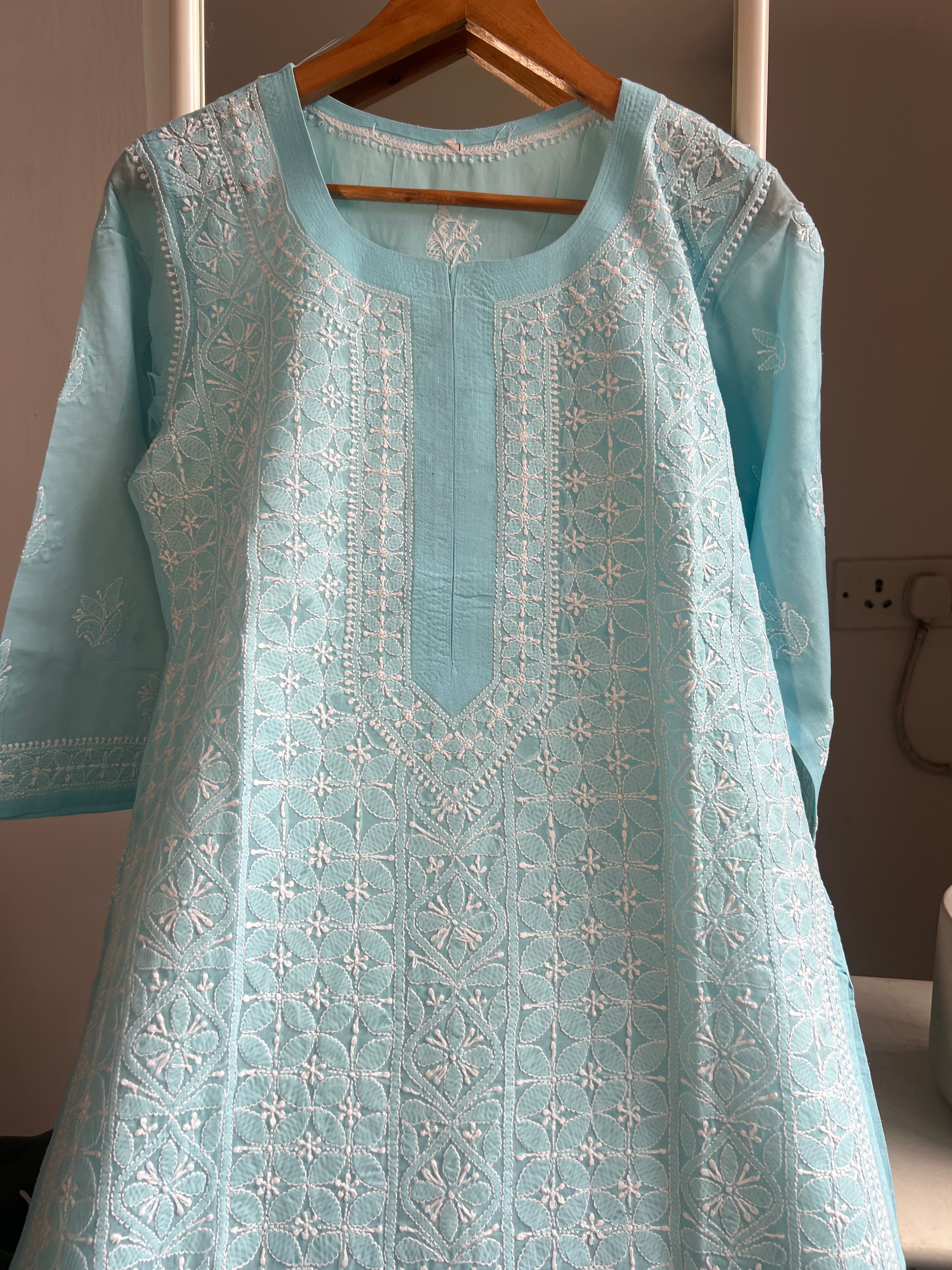 Cotton Chikankari Kurti - Blue -white thread work ARIAA CHIKANKARI 