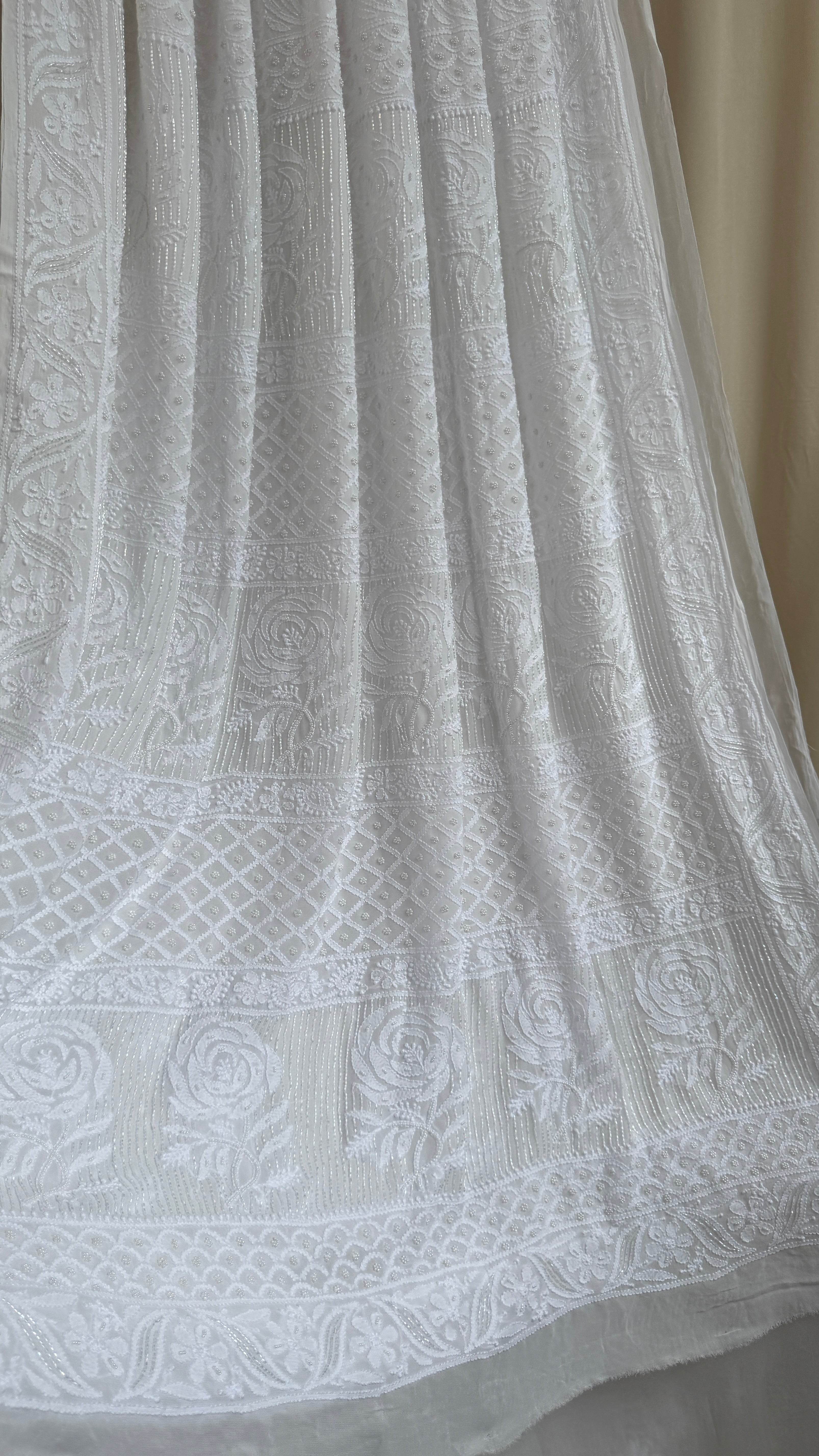 Viscose White Chikankari saree with Pearl embellishments