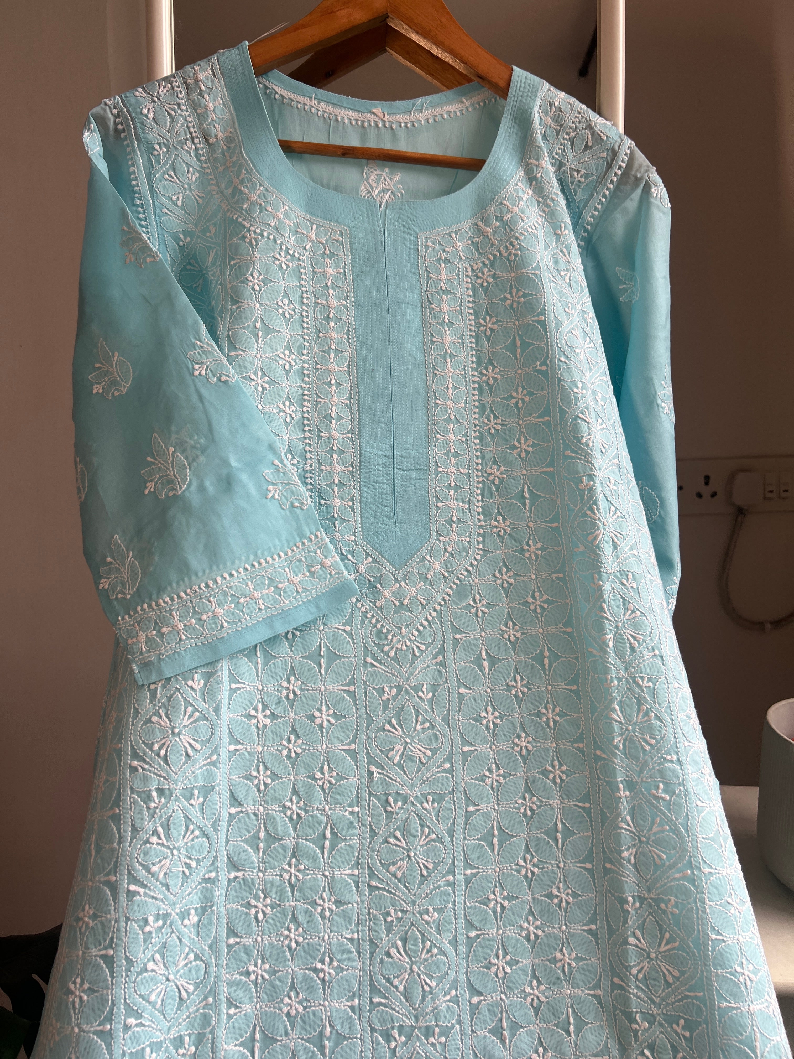 Cotton Chikankari Kurti - Blue -white thread work ARIAA CHIKANKARI 