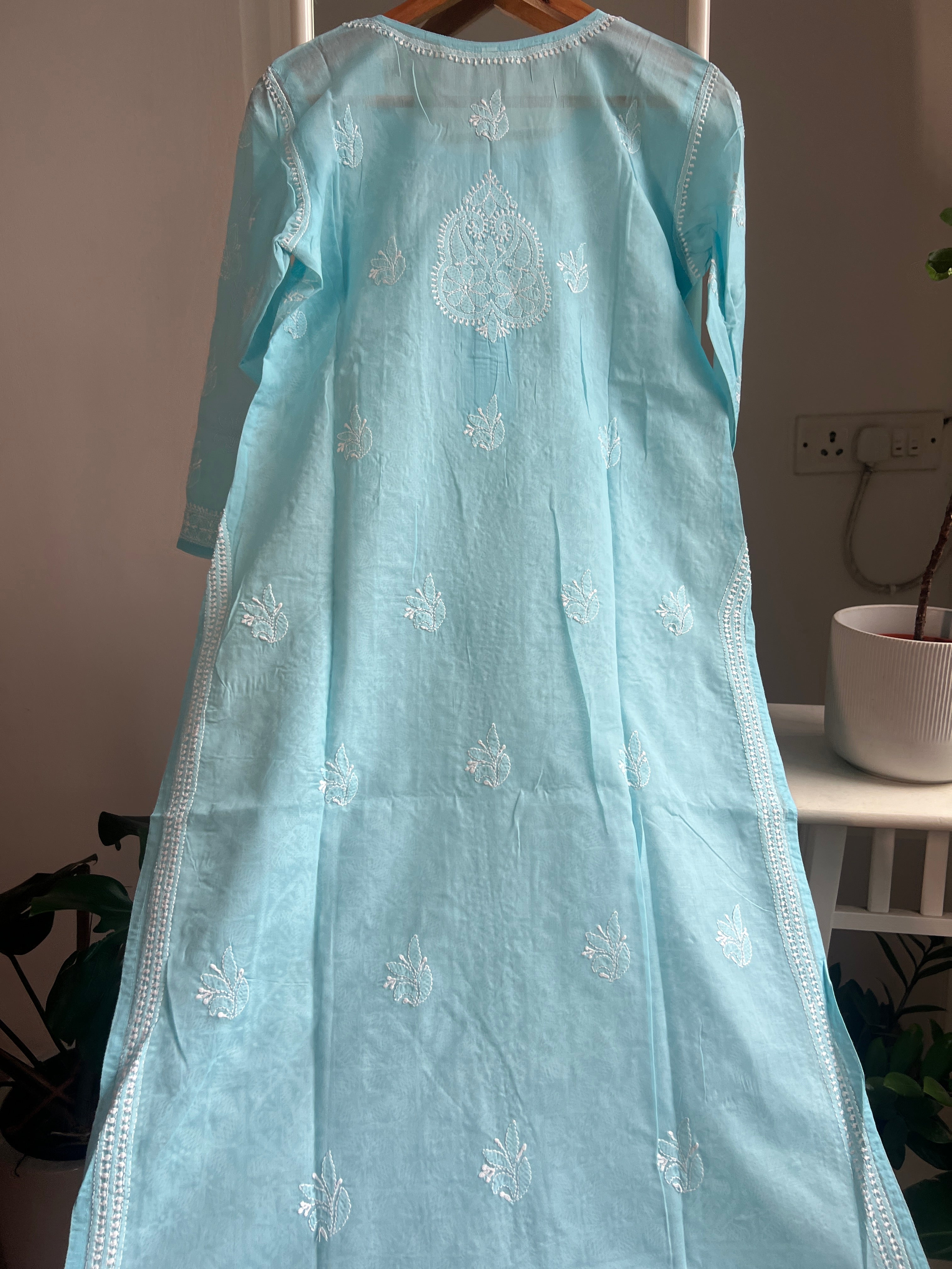 Cotton Chikankari Kurti - Blue -white thread work ARIAA CHIKANKARI 