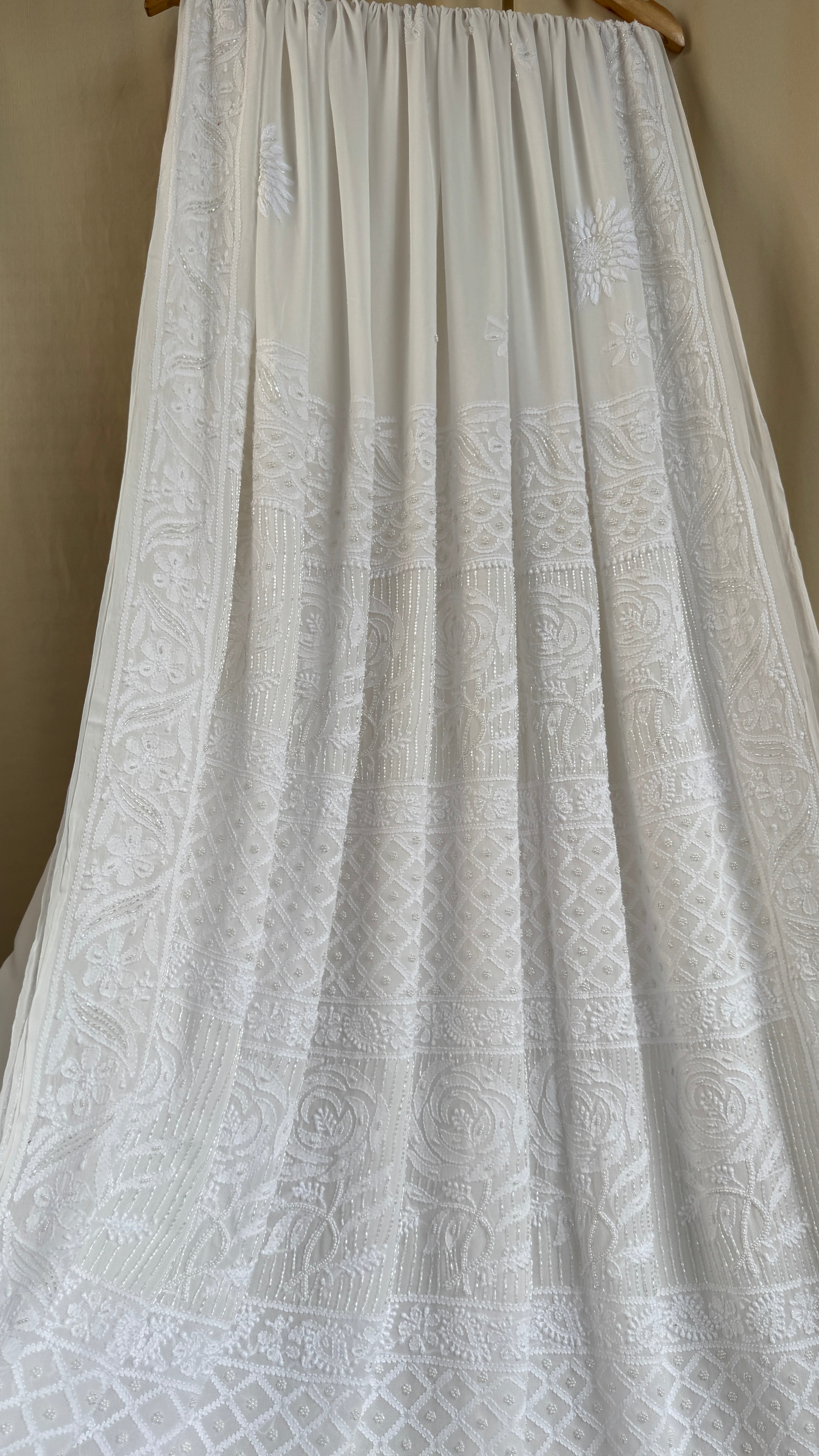 Viscose White Chikankari saree with Pearl embellishments