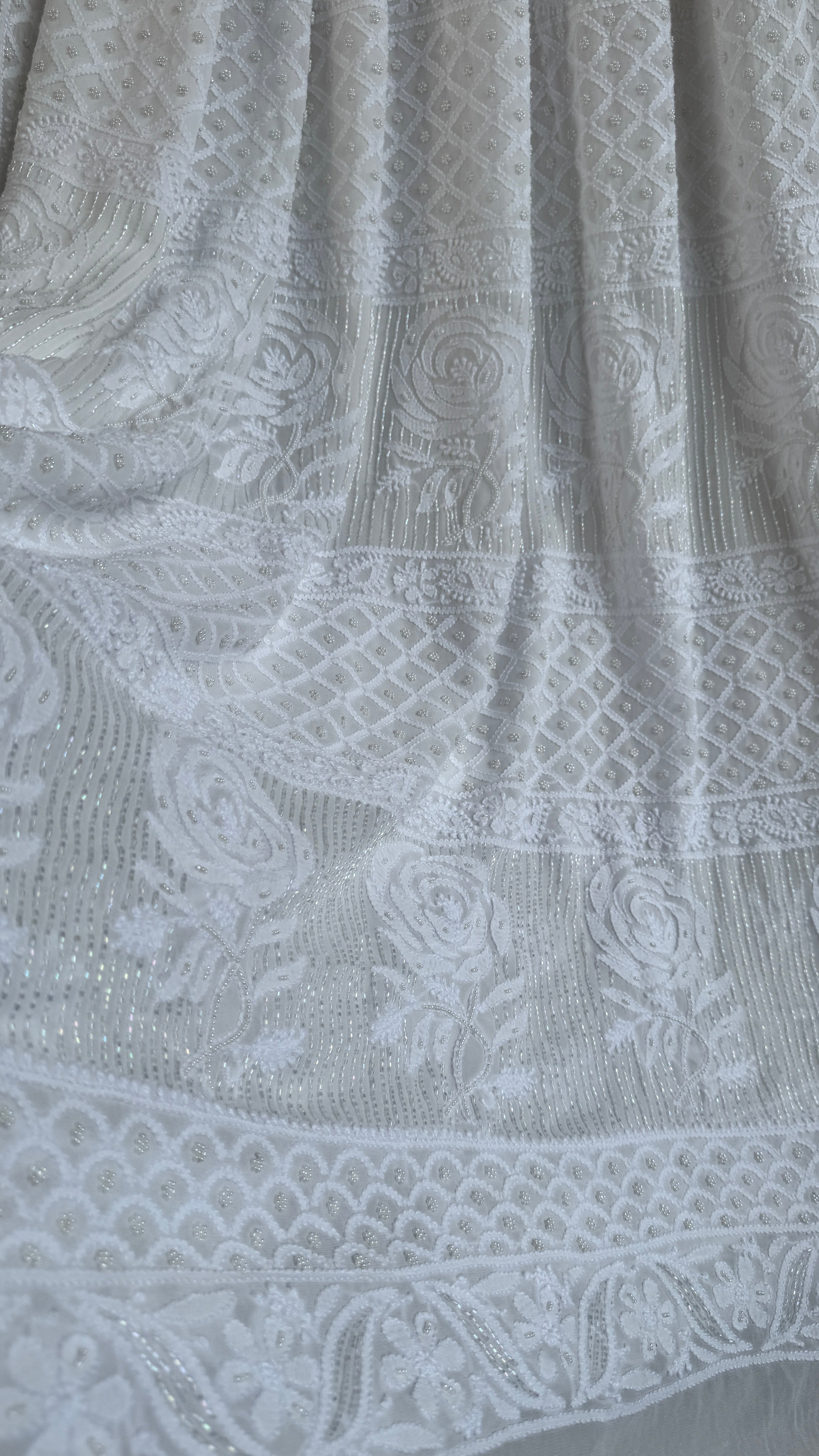 Viscose White Chikankari saree with Pearl embellishments