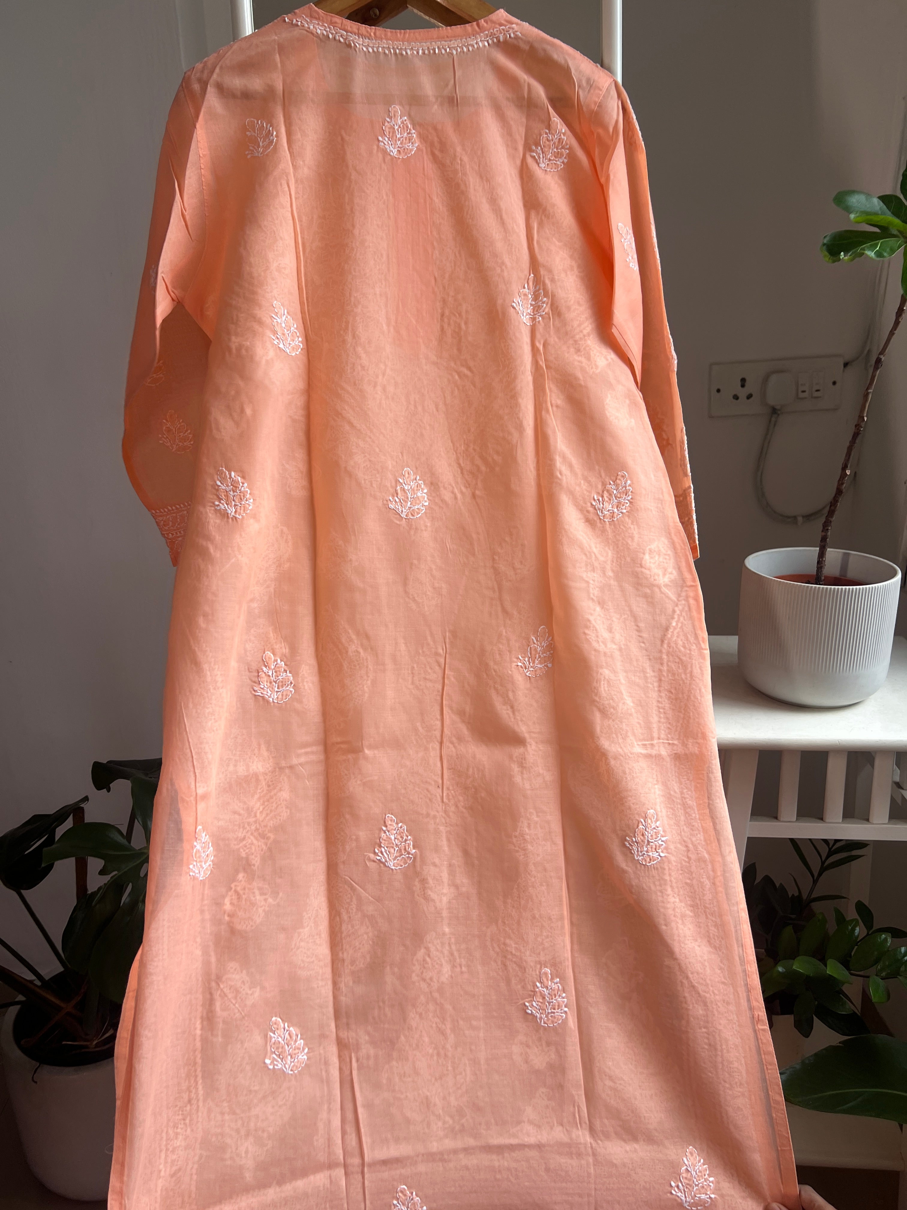 Cotton Chikankari Kurti - Peach -white thread work ARIAA CHIKANKARI 