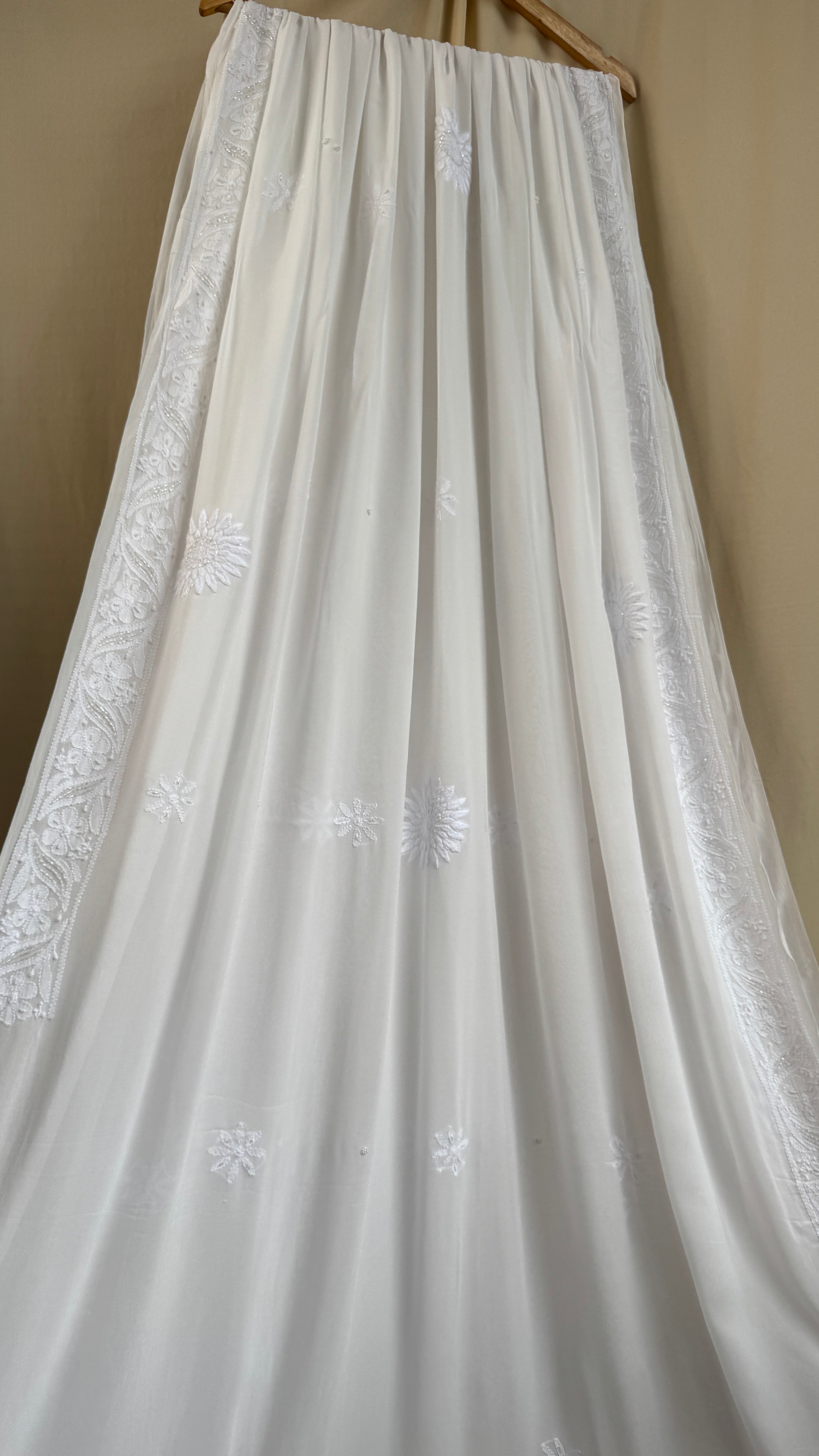 Viscose White Chikankari saree with Pearl embellishments