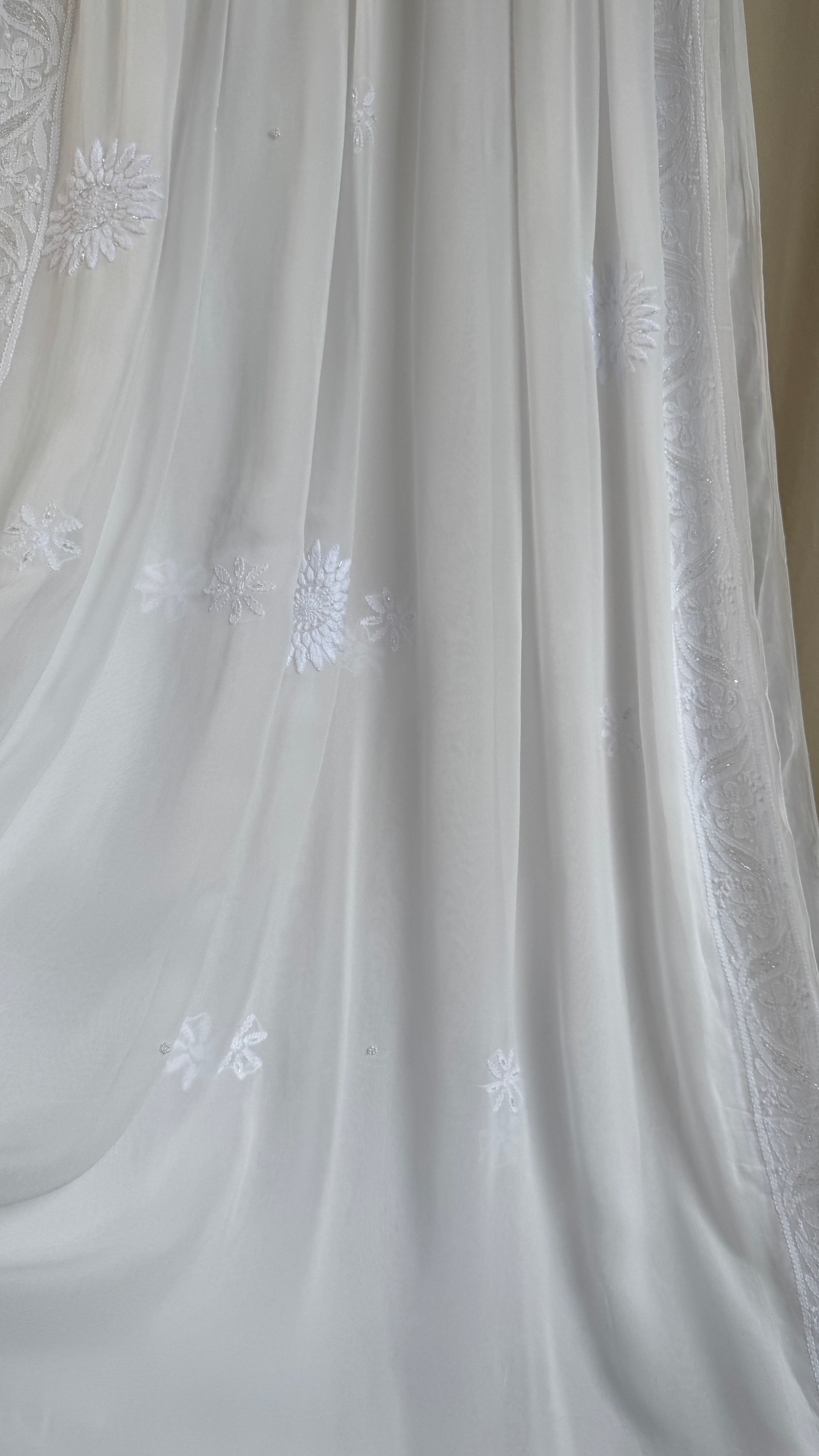 Viscose White Chikankari saree with Pearl embellishments