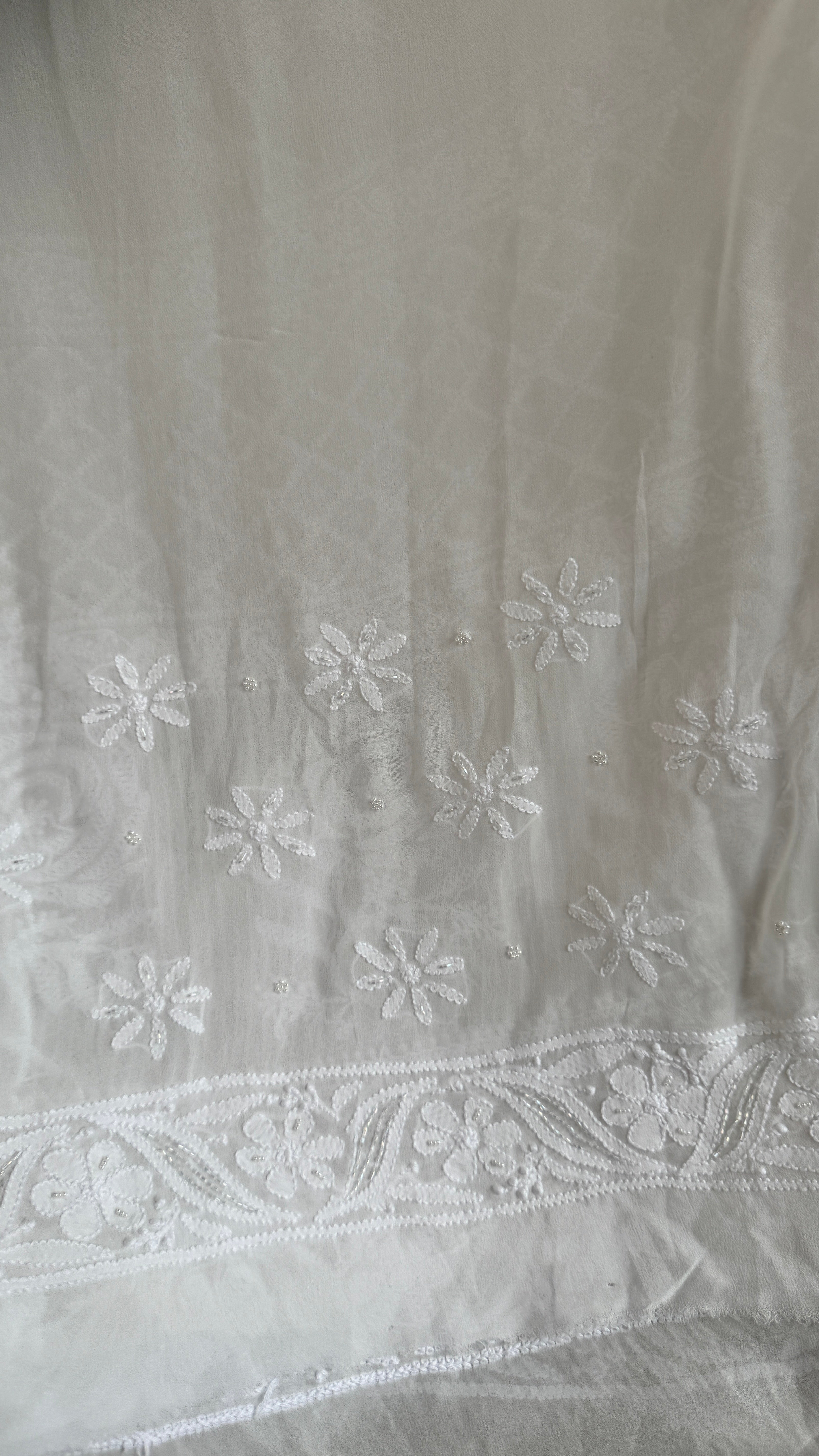 Viscose White Chikankari saree with Pearl embellishments