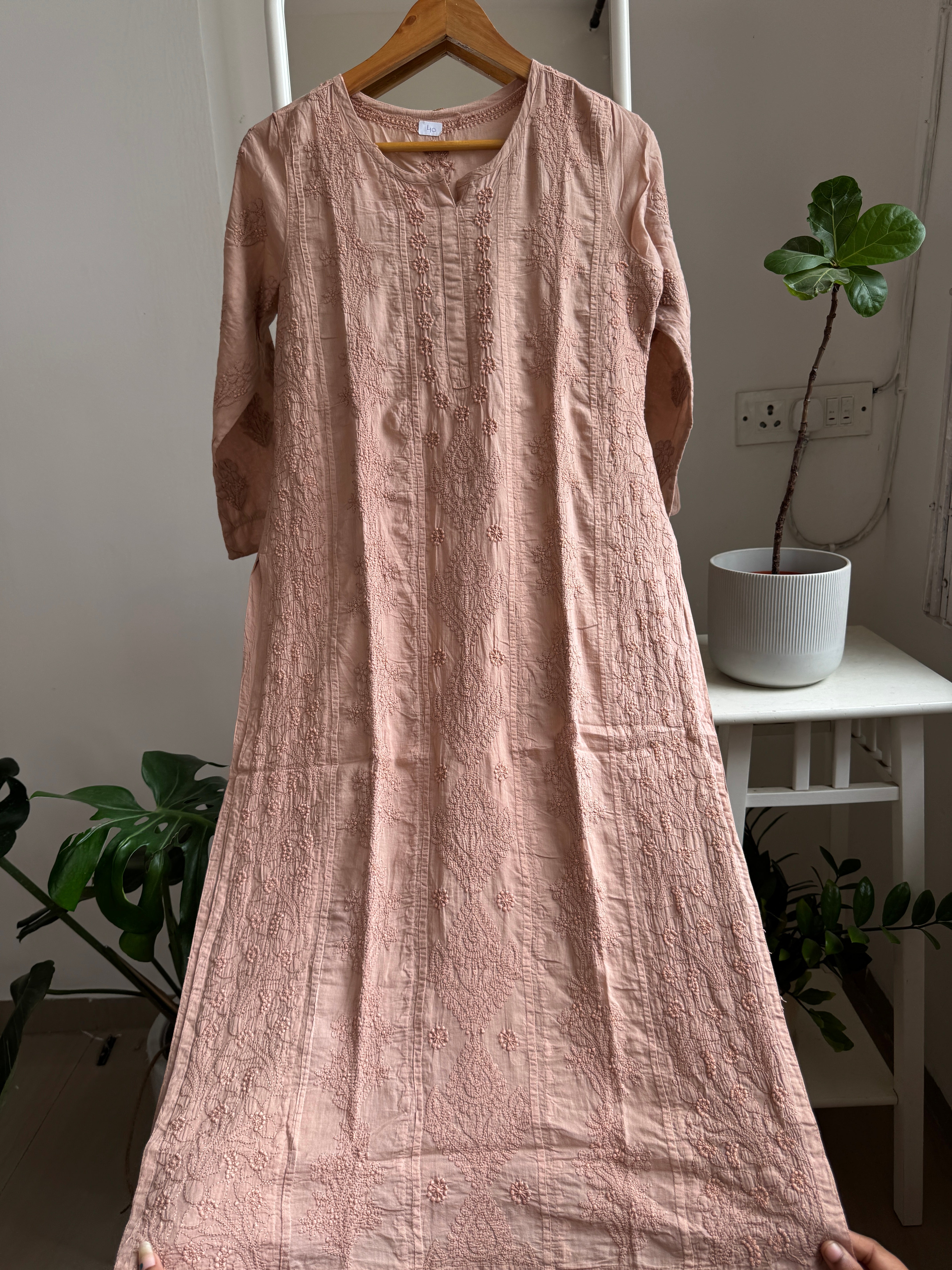 Mul Cotton Brown Chikankari Kurti - Bela Collection