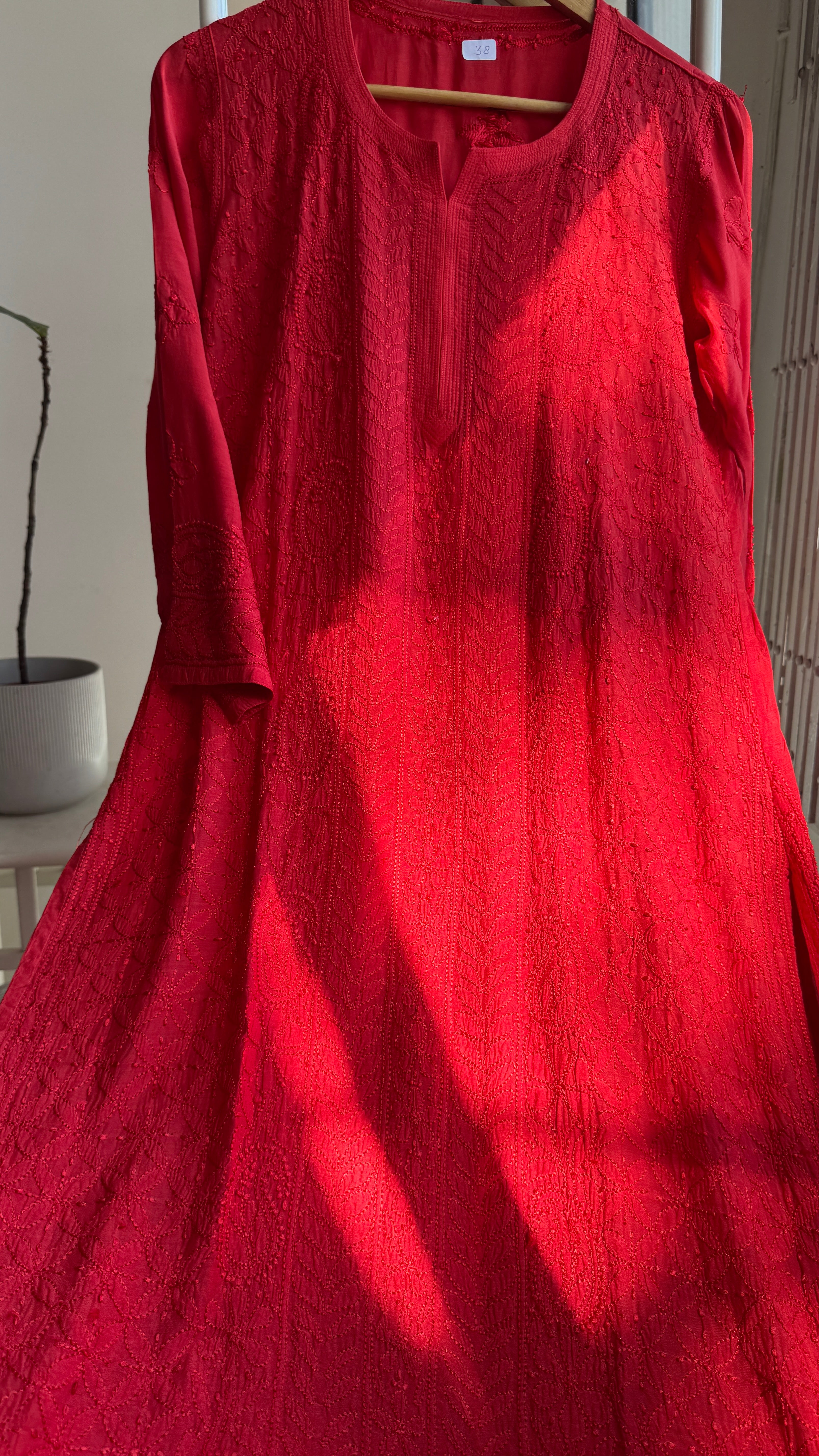 Muslin Chikankari Kurti - Red - BERRY Collection