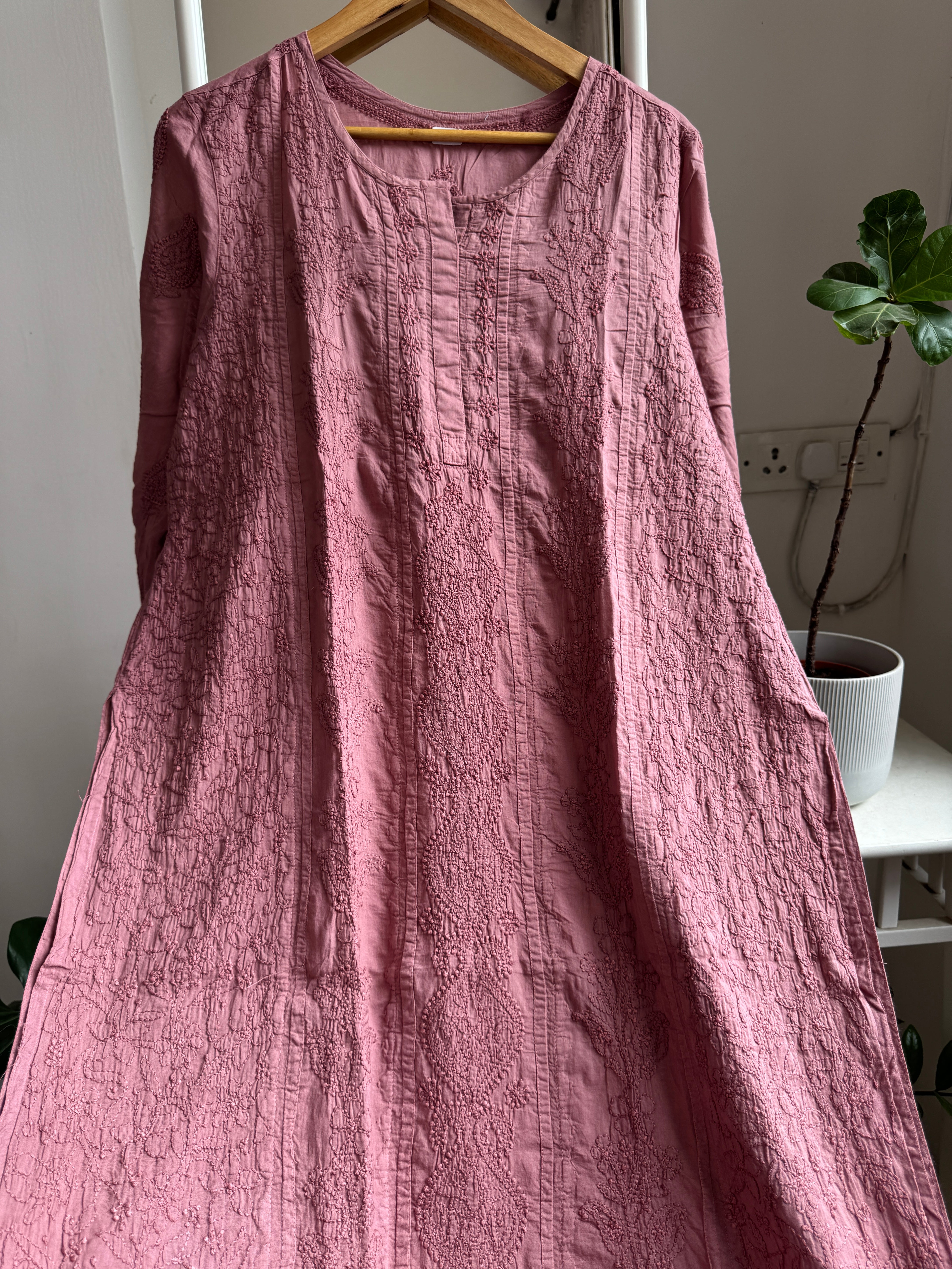 Mul Cotton Rosewood Chikankari Kurti - Bela Collection