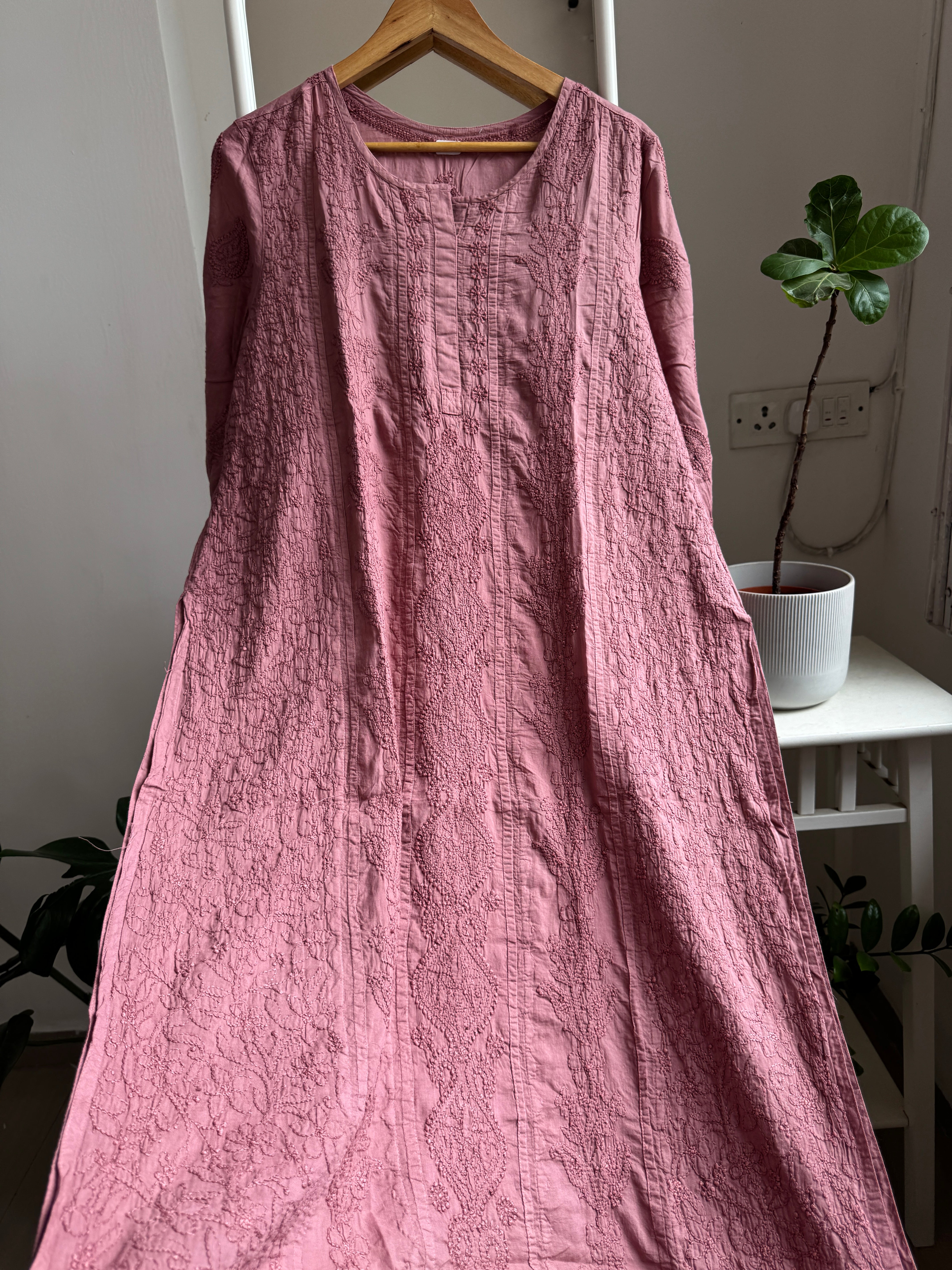 Mul Cotton Rosewood Chikankari Kurti - Bela Collection