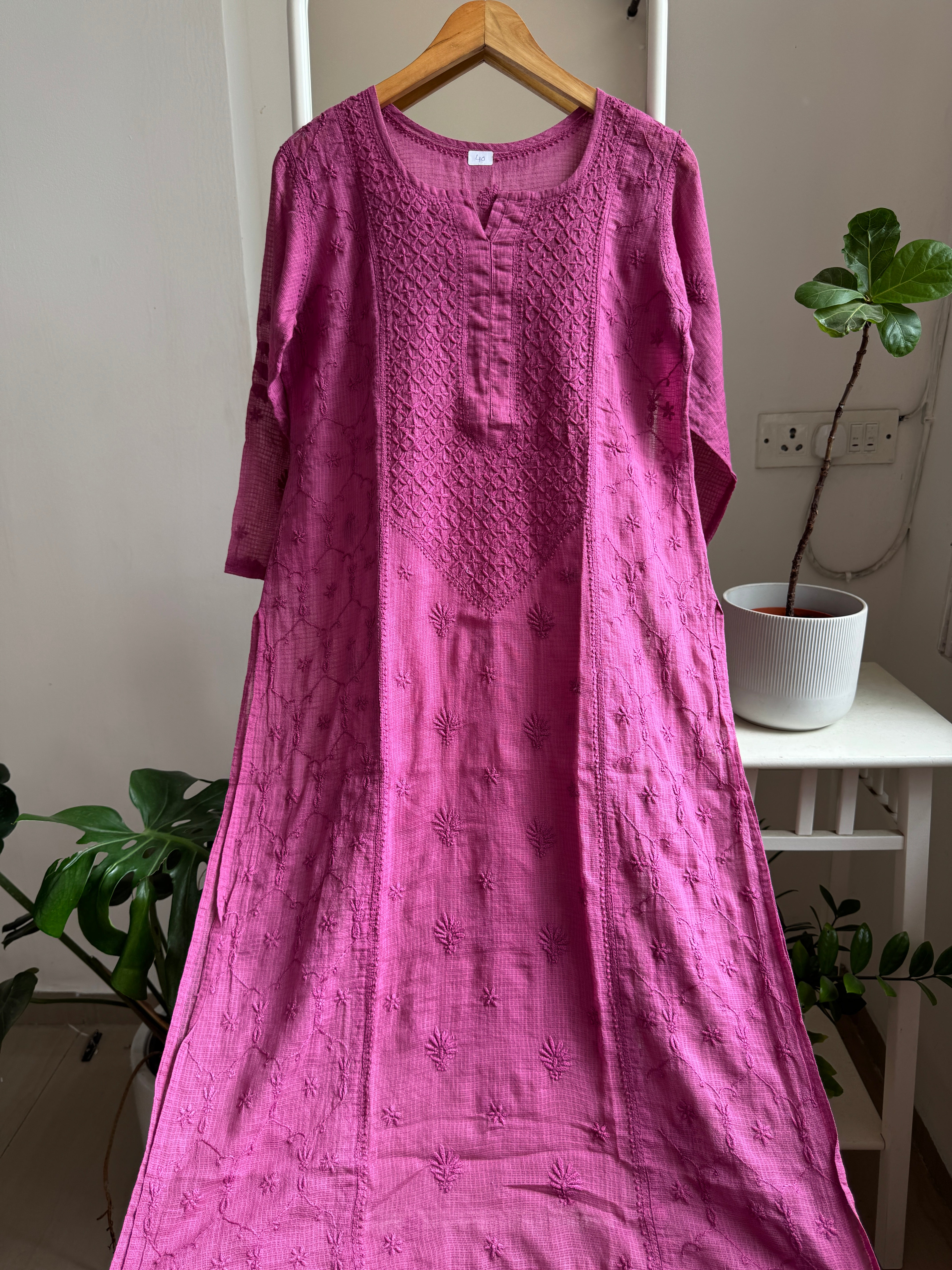 Kota Soft Cotton Chikankari Kurti - Berry Pink