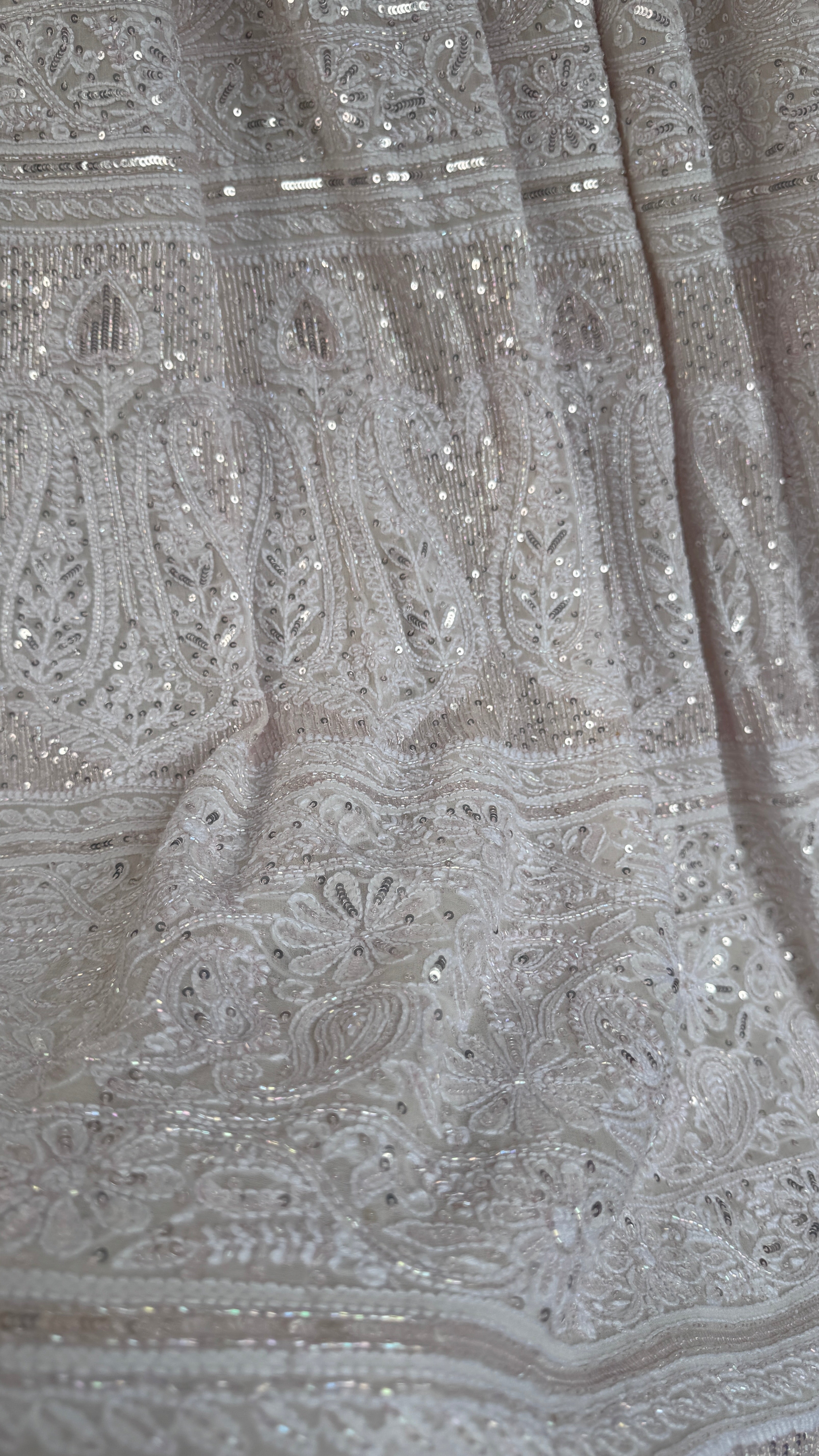 Pure Georgette Lucknow Chikankari Saree - white with pink detailing - Rooh Collection