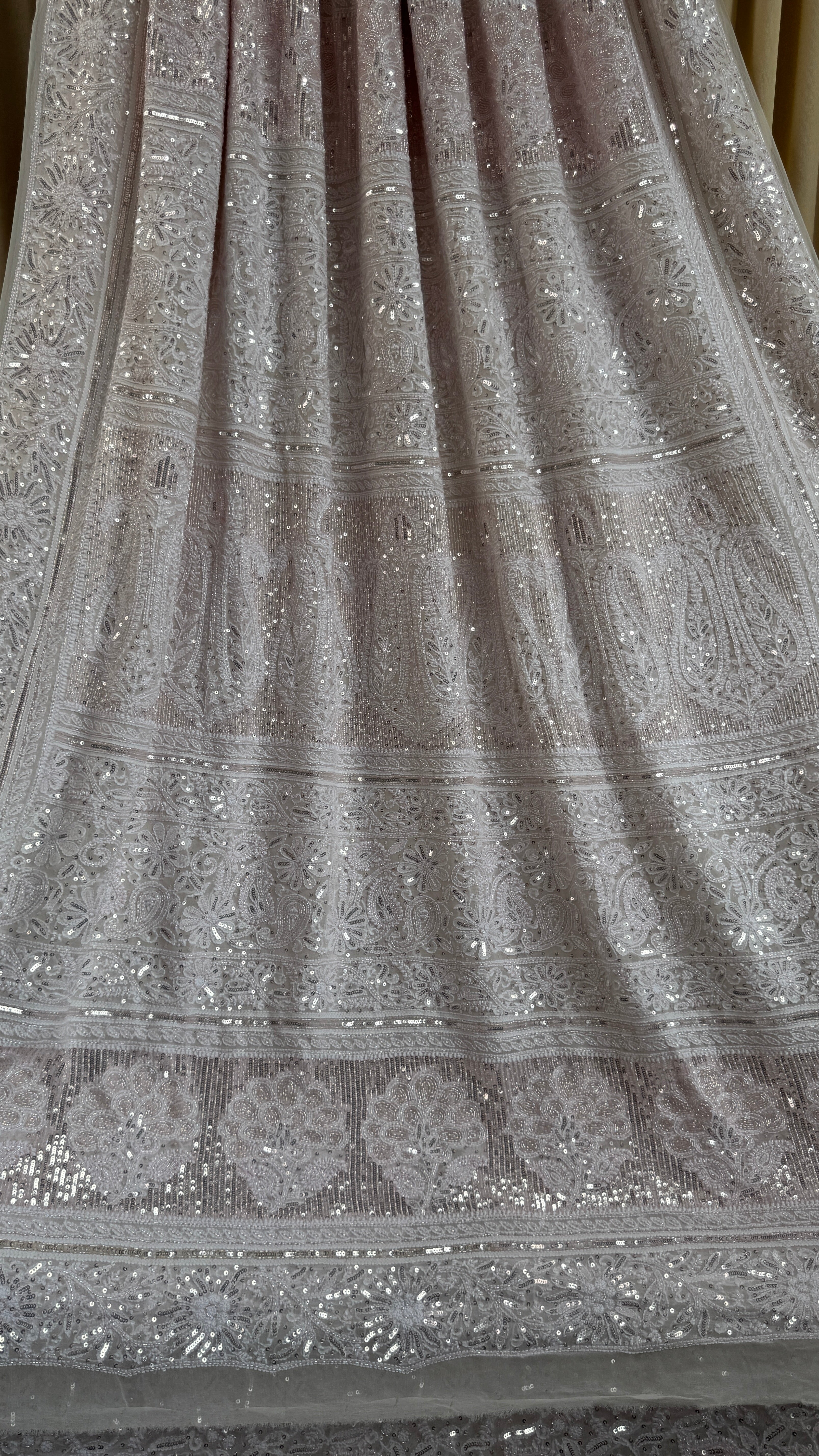 Pure Georgette Lucknow Chikankari Saree - white with pink detailing - Rooh Collection