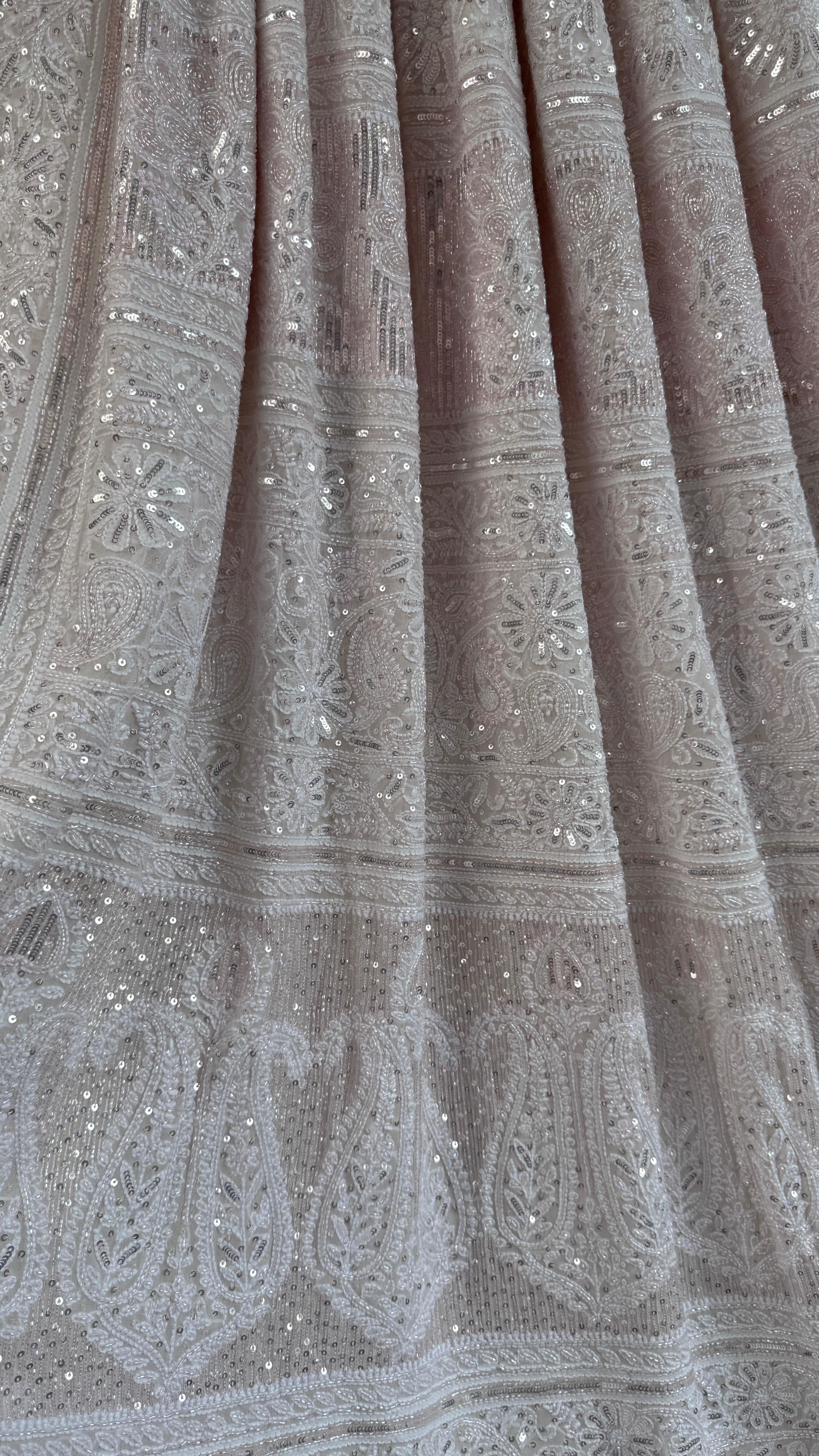 Pure Georgette Lucknow Chikankari Saree - white with pink detailing - Rooh Collection