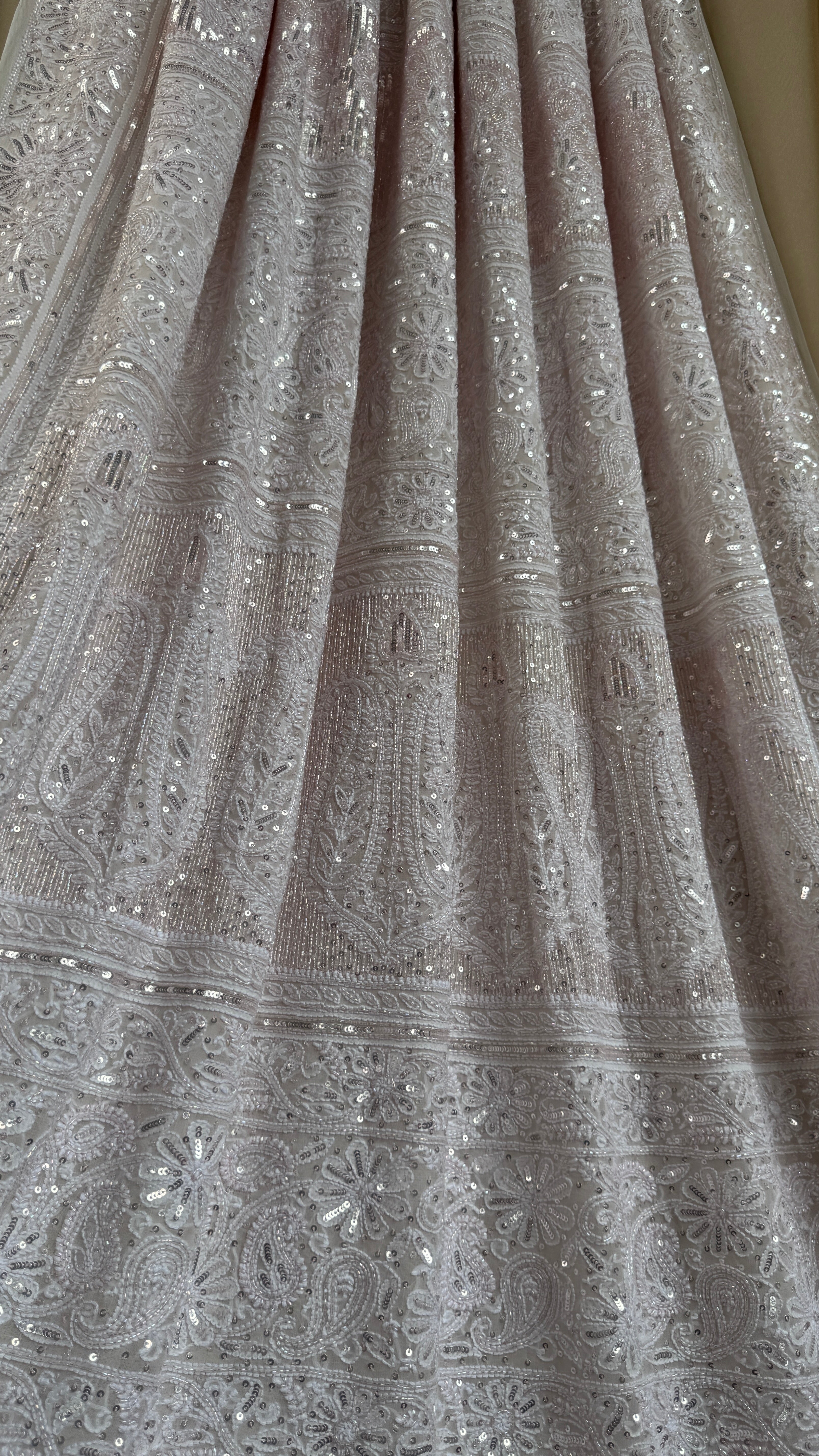 Pure Georgette Lucknow Chikankari Saree - white with pink detailing - Rooh Collection