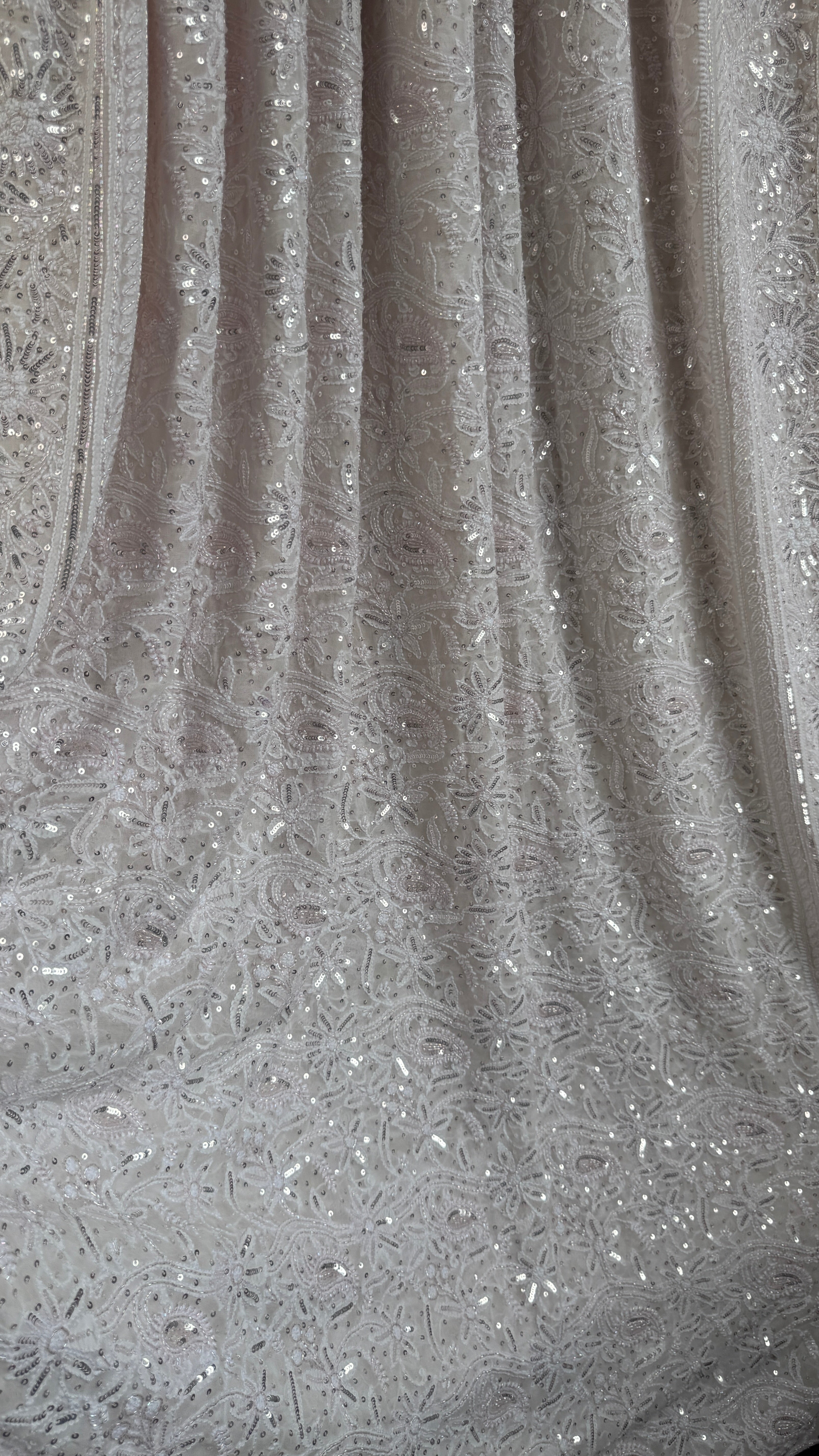 Pure Georgette Lucknow Chikankari Saree - white with pink detailing - Rooh Collection